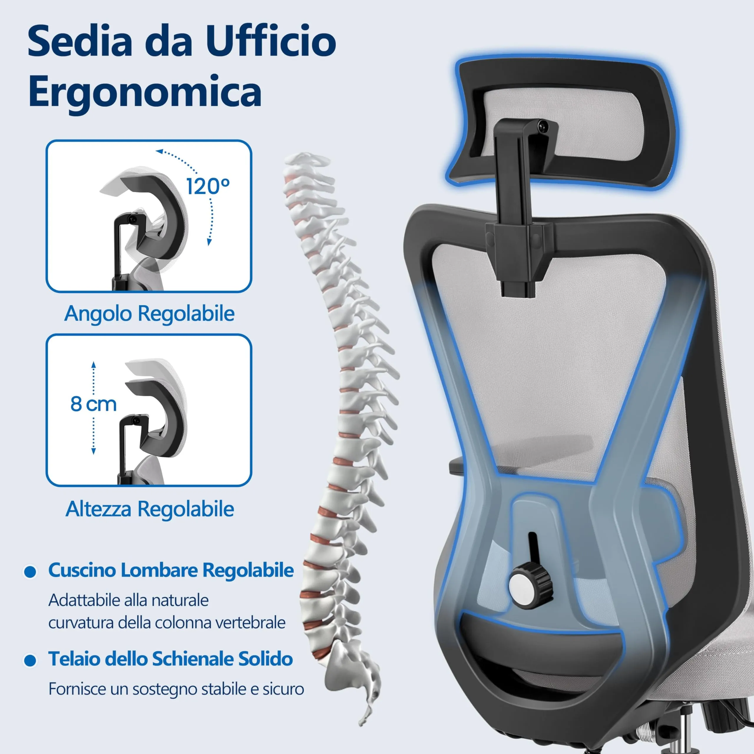 Yaheetech Poltrona da Ufficio Ergonomica con Supporto Lombare, Grigia Chiara - immagine 8