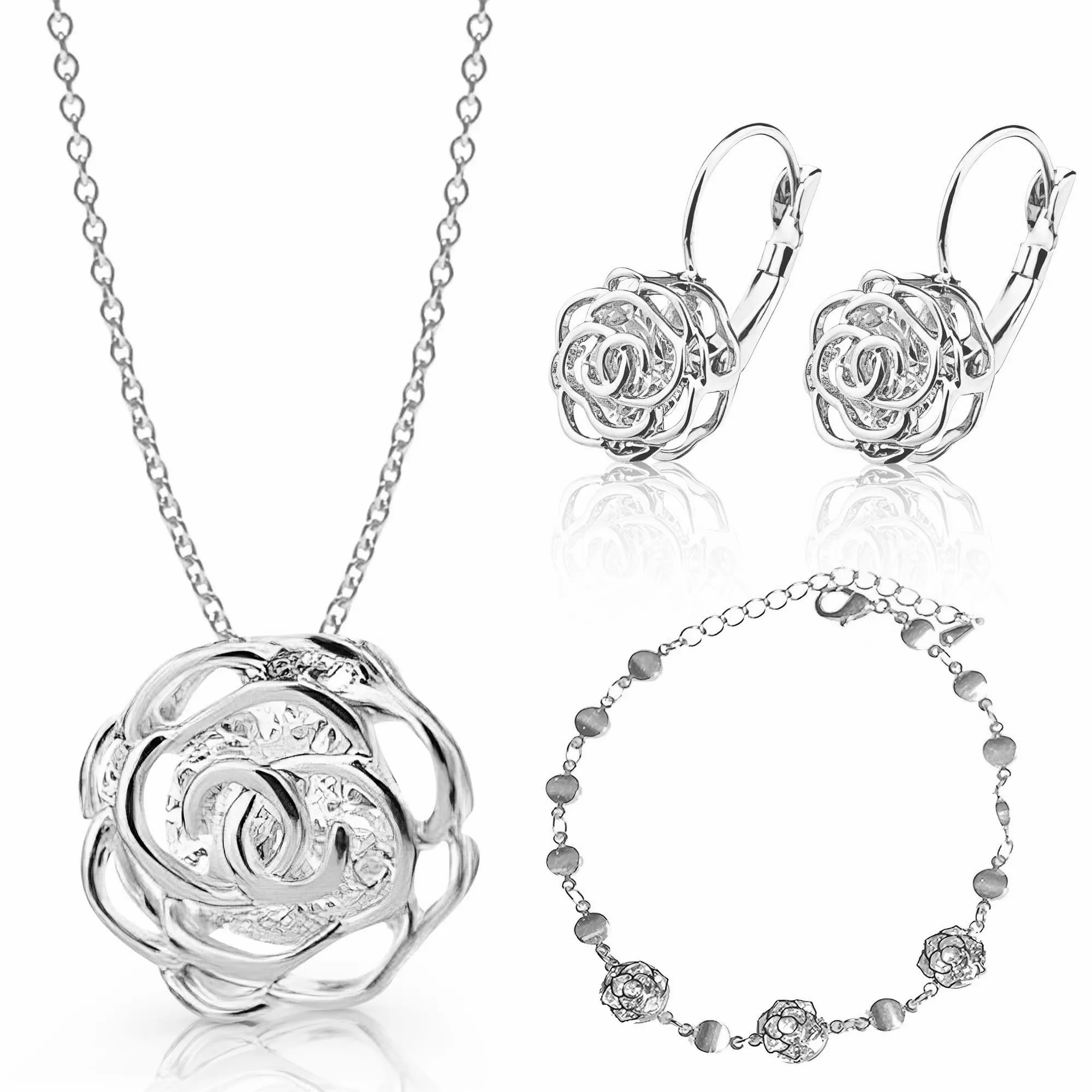 Crystalline Azuria Donna Parure Collana Orecchini e Bracciale Fiori Rose Cristalli, Placcato Oro Bianco 18ct - immagine 1