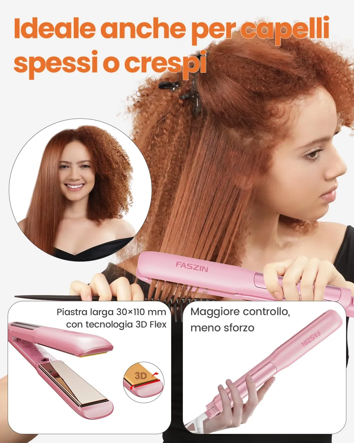 Faszin Piastra per Capelli Professionale in Titanio 30mm 2 in 1, Rosa - immagine 6