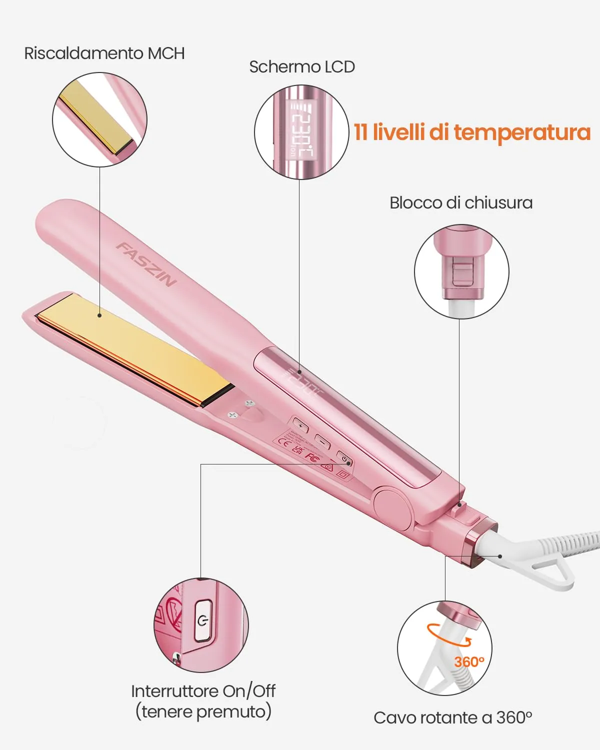 Faszin Piastra per Capelli Professionale in Titanio 30mm 2 in 1, Rosa - immagine 7