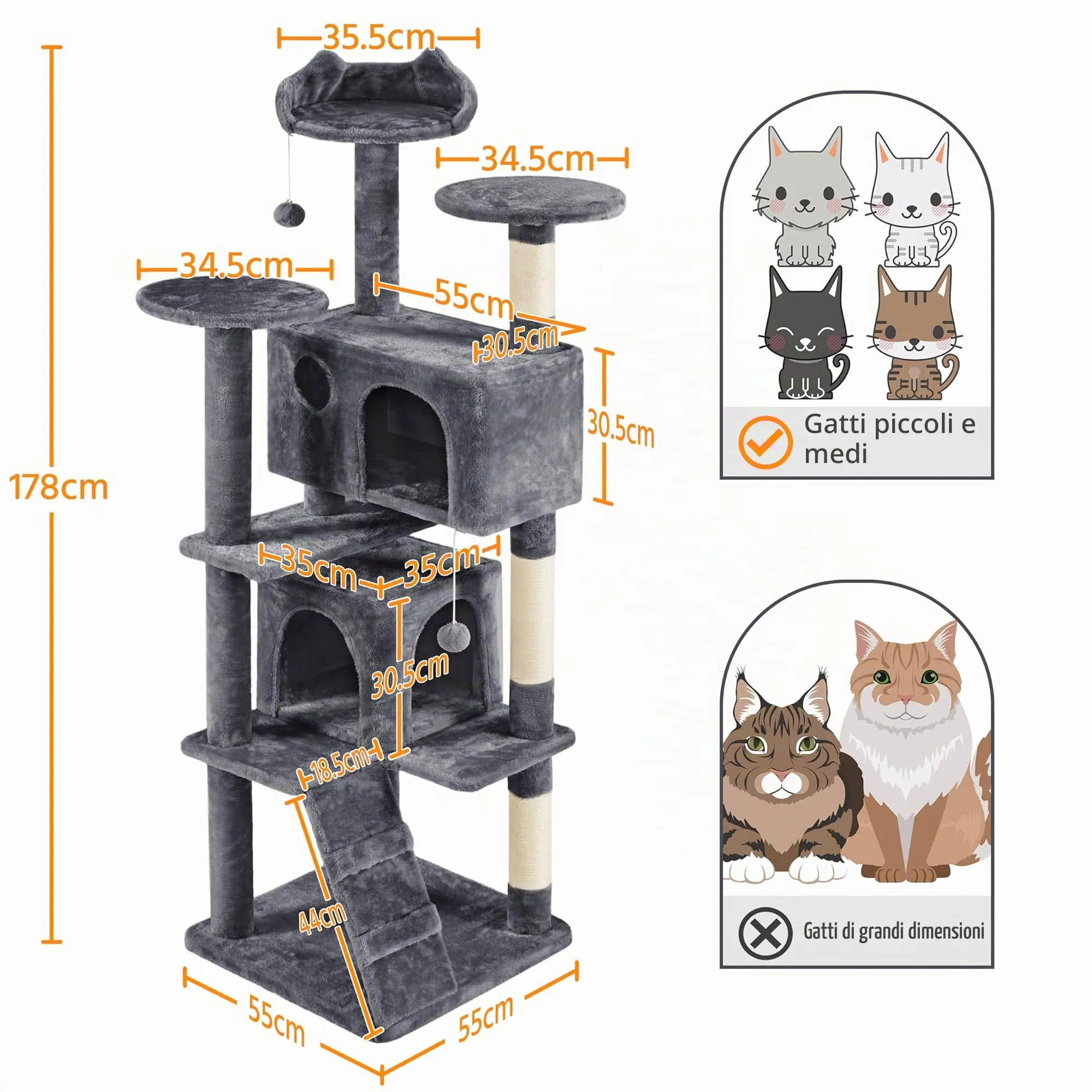 Yaheetech Albero Tiragraffi per Gatti 178 cm, Grigio Scuro - immagine 3