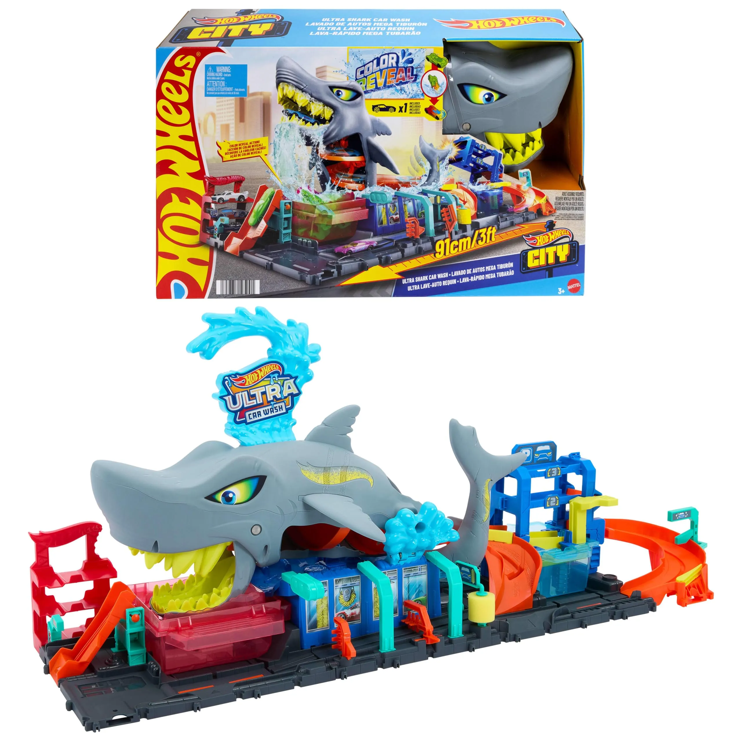 Hot Wheels City Autolavaggio Mega Squalo HTN82 con Macchinina Color Reveal - immagine 1
