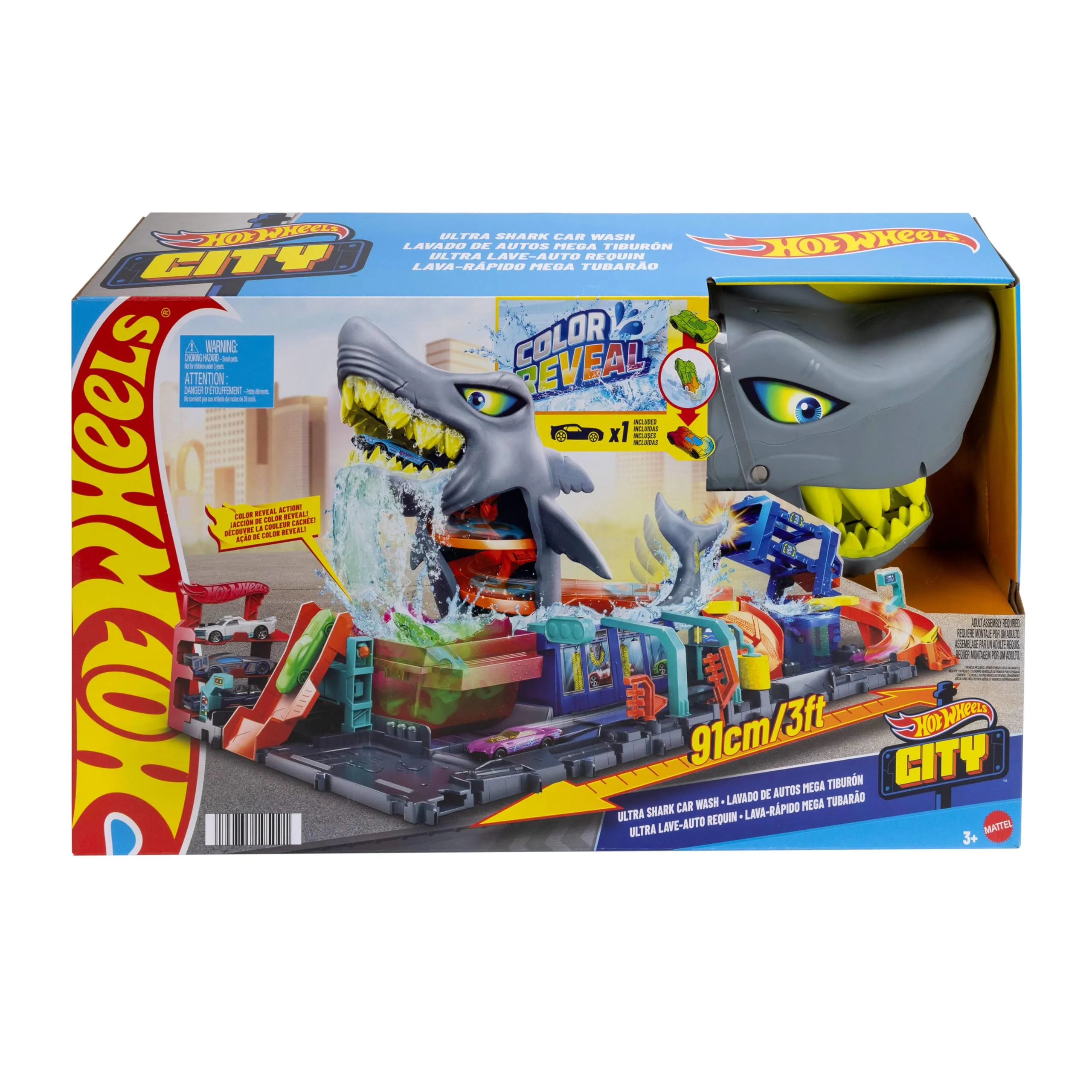Hot Wheels City Autolavaggio Mega Squalo HTN82 con Macchinina Color Reveal - immagine 7