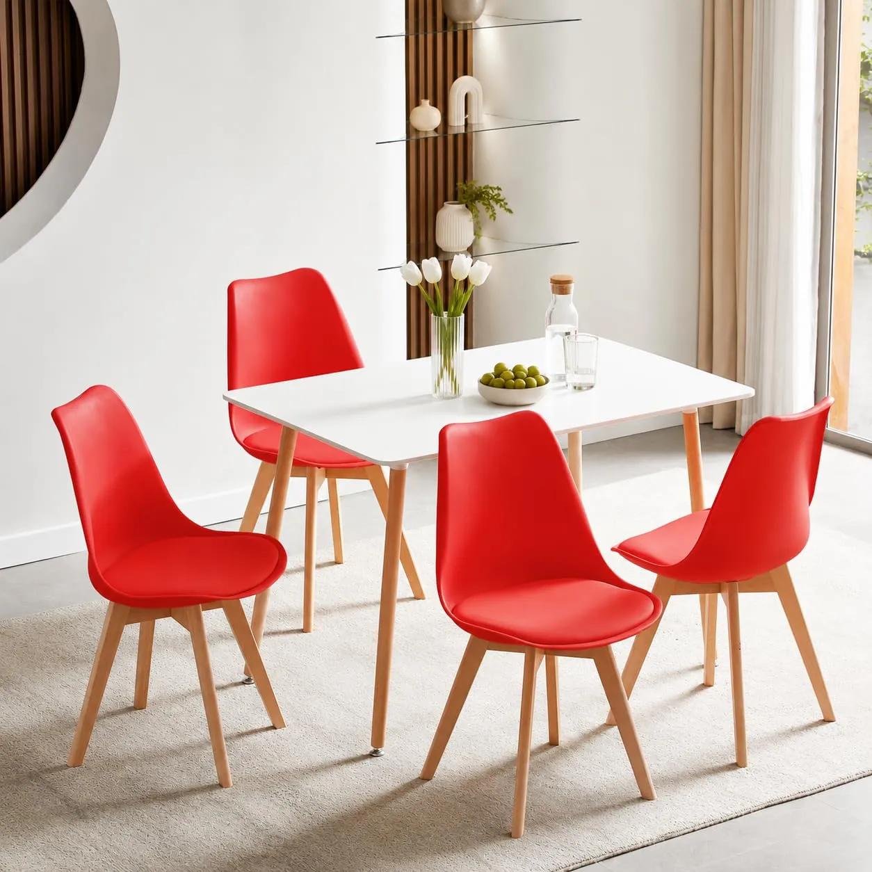 EGGREE Sedie da Pranzo Moderne in Pelle PU e Legno di Faggio, Set di 4, Rosso - immagine 2