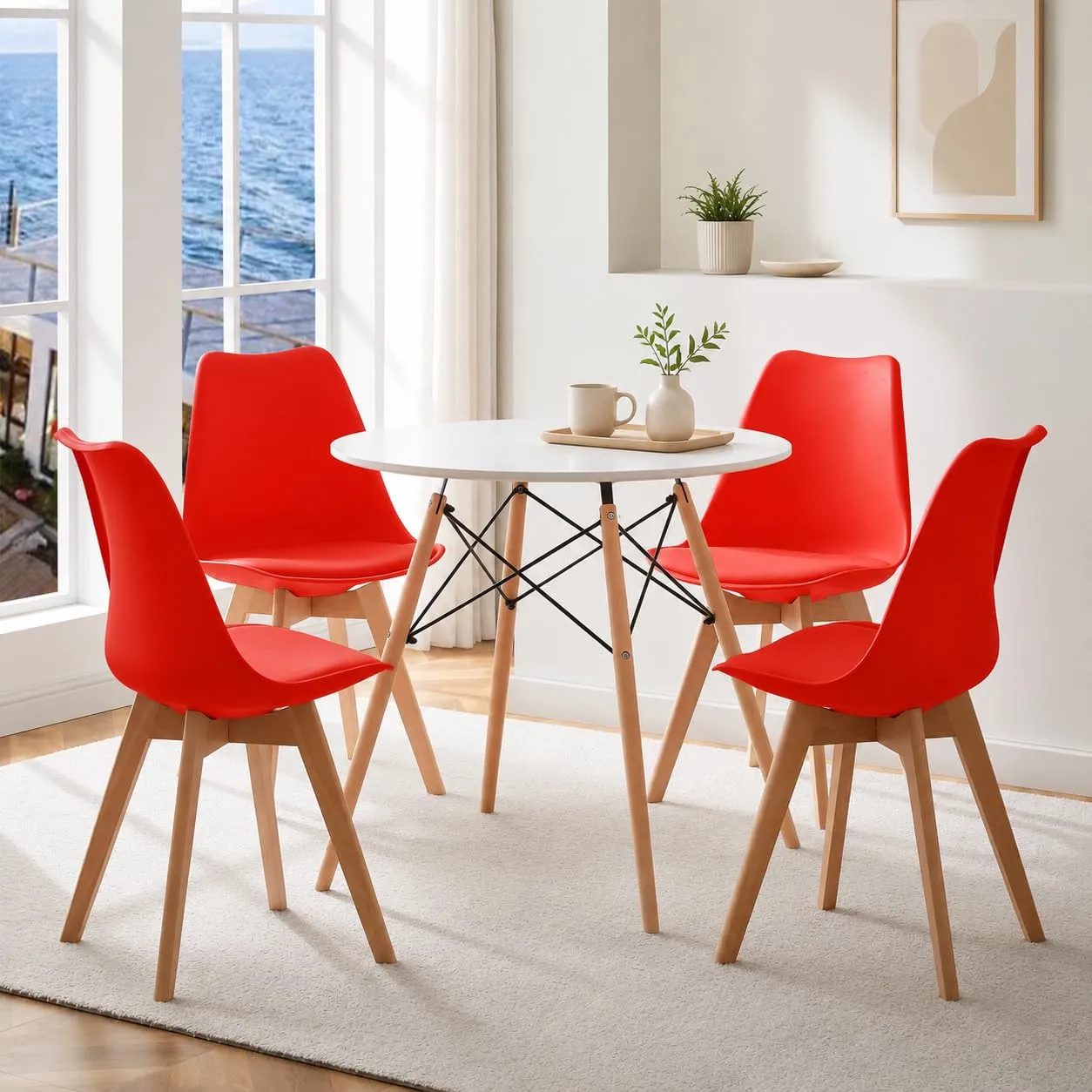 EGGREE Sedie da Pranzo Moderne in Pelle PU e Legno di Faggio, Set di 4, Rosso - immagine 7