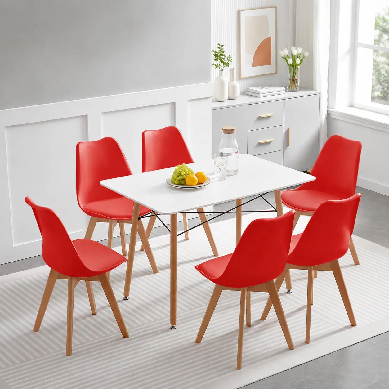 EGGREE Sedie da Pranzo Moderne in Pelle PU e Legno di Faggio, Set di 4, Rosso - immagine 8