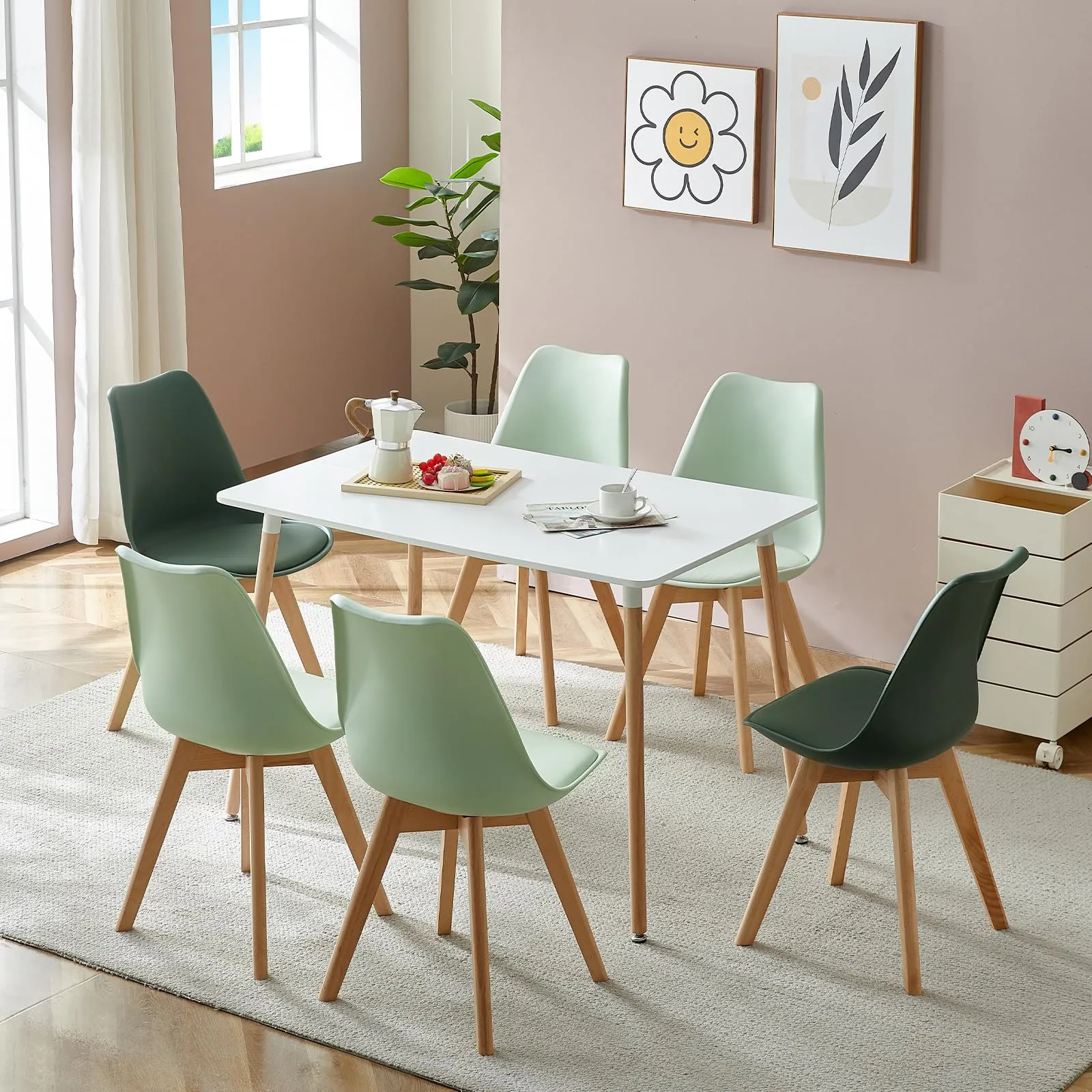 EGGREE Set di 8 Sedie da Pranzo e Cucina in Pelle PU e Legno di Faggio, Gelato Verde - immagine 7