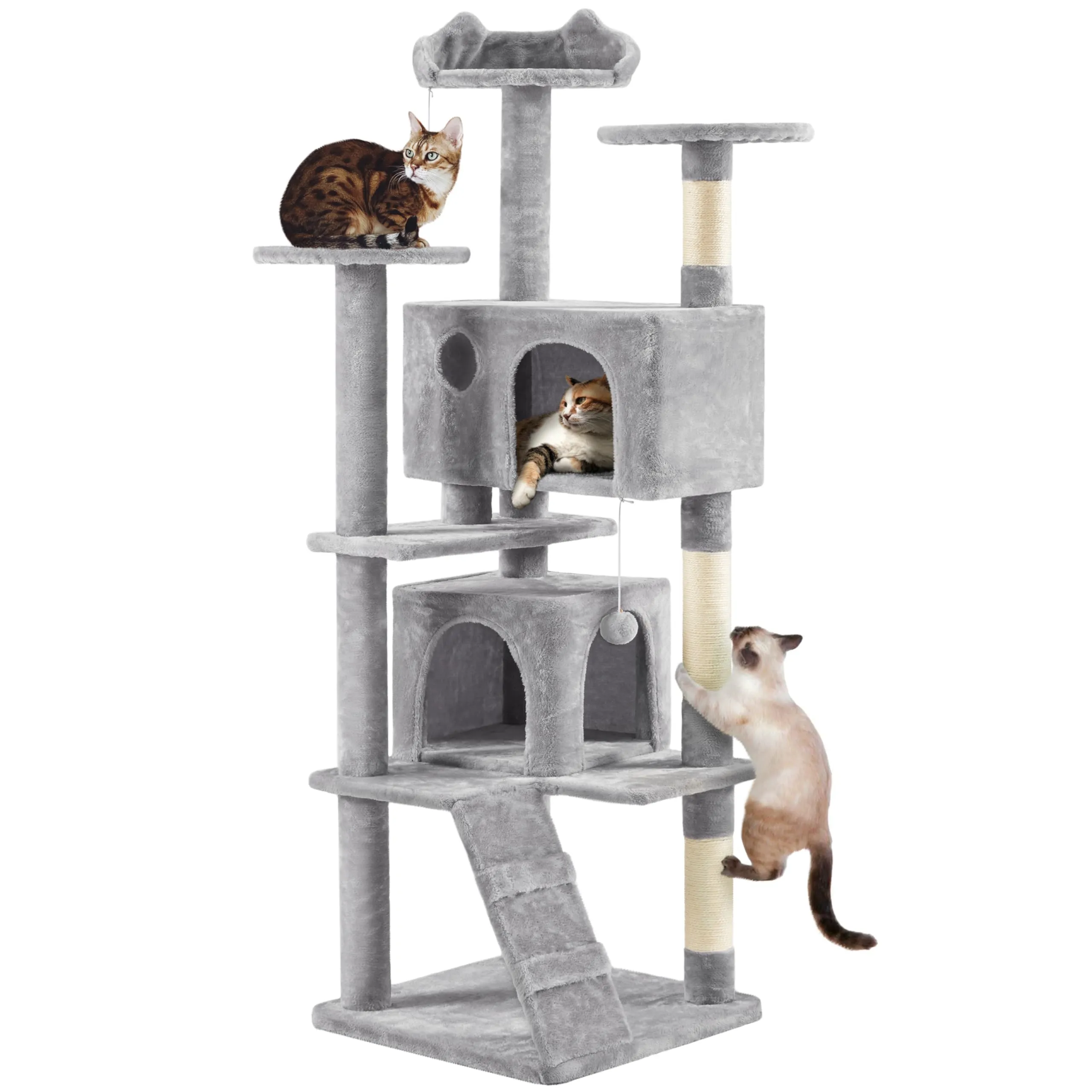 Yaheetech Albero Tiragraffi per Gatti 178 cm, 3 Posatoi, 2 Condomini, 3 Tiragraffi in Sisal, Grigio Chiaro - immagine 1