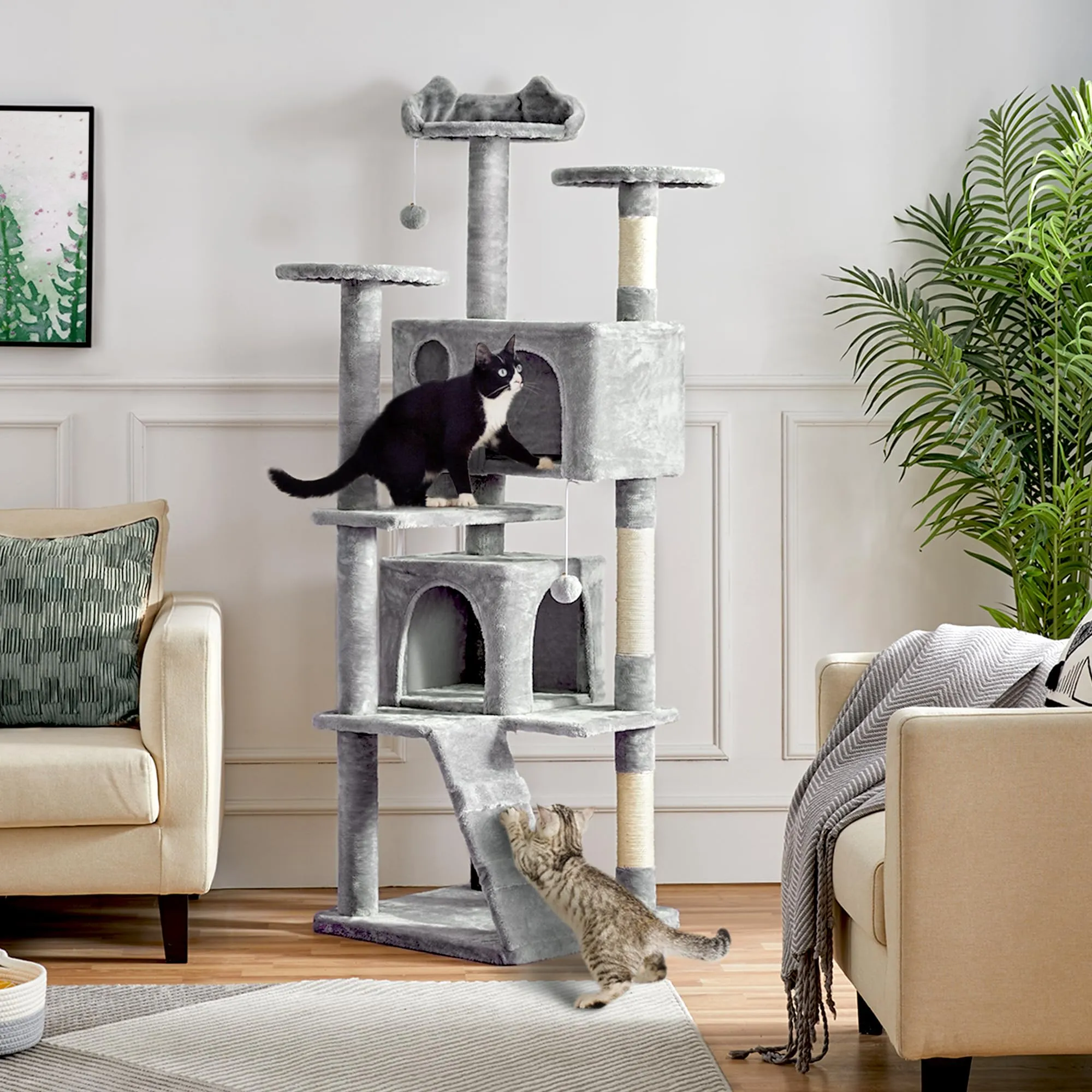 Yaheetech Albero Tiragraffi per Gatti 178 cm, 3 Posatoi, 2 Condomini, 3 Tiragraffi in Sisal, Grigio Chiaro - immagine 2