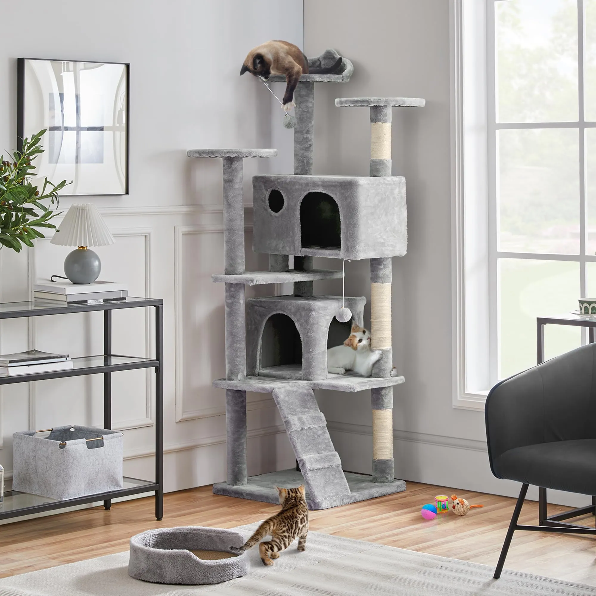 Yaheetech Albero Tiragraffi per Gatti 178 cm, 3 Posatoi, 2 Condomini, 3 Tiragraffi in Sisal, Grigio Chiaro - immagine 3