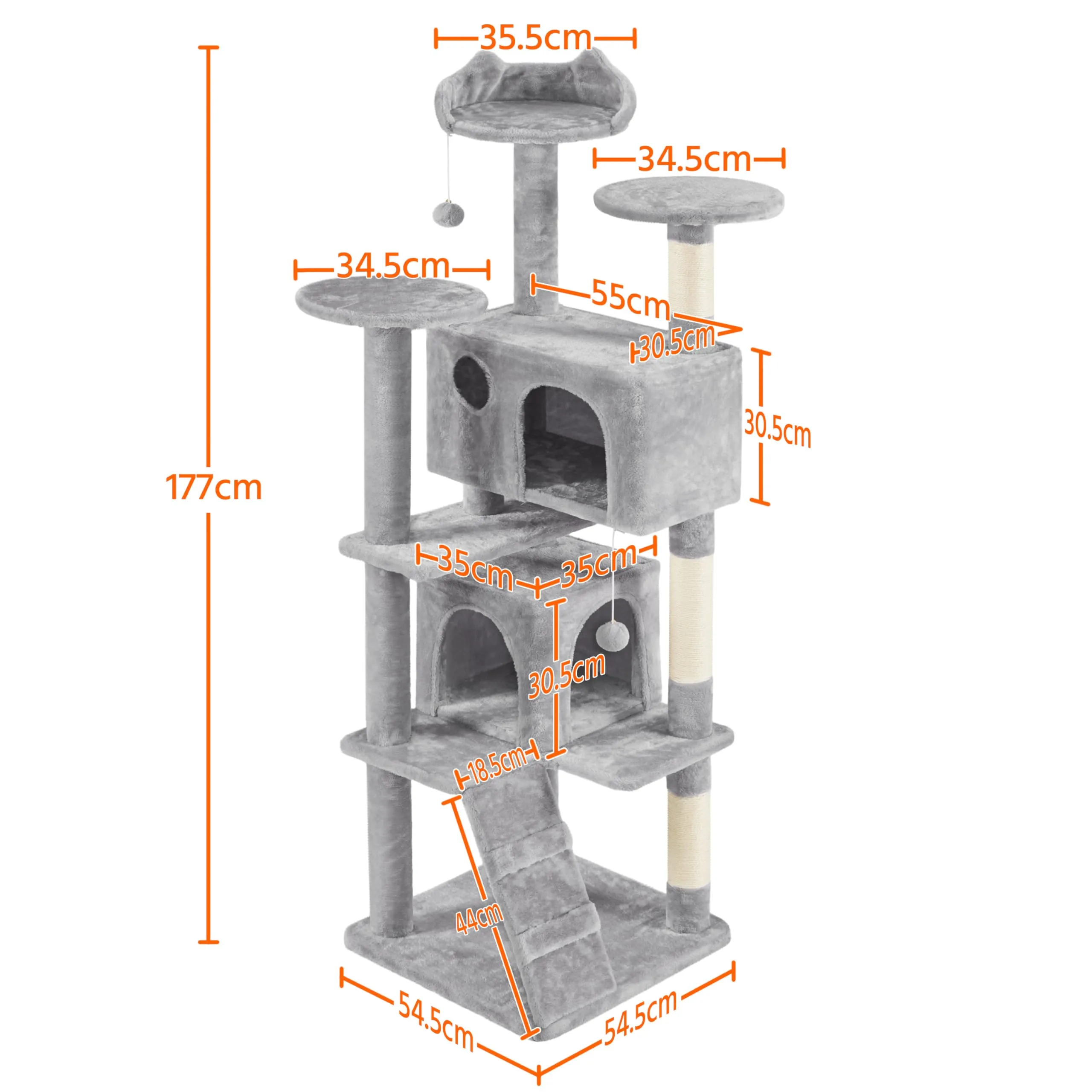 Yaheetech Albero Tiragraffi per Gatti 178 cm, 3 Posatoi, 2 Condomini, 3 Tiragraffi in Sisal, Grigio Chiaro - immagine 4