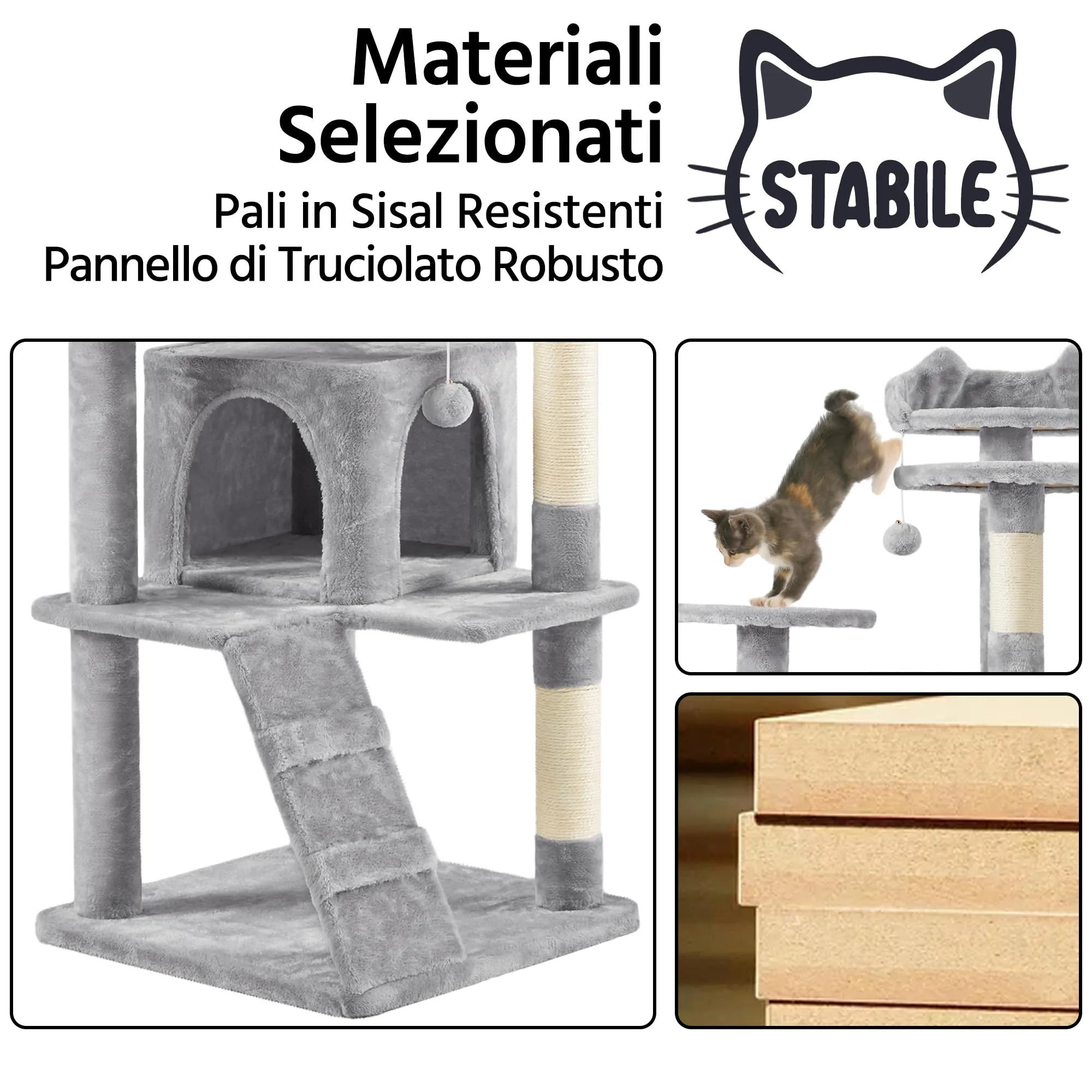 Yaheetech Albero Tiragraffi per Gatti 178 cm, 3 Posatoi, 2 Condomini, 3 Tiragraffi in Sisal, Grigio Chiaro - immagine 5