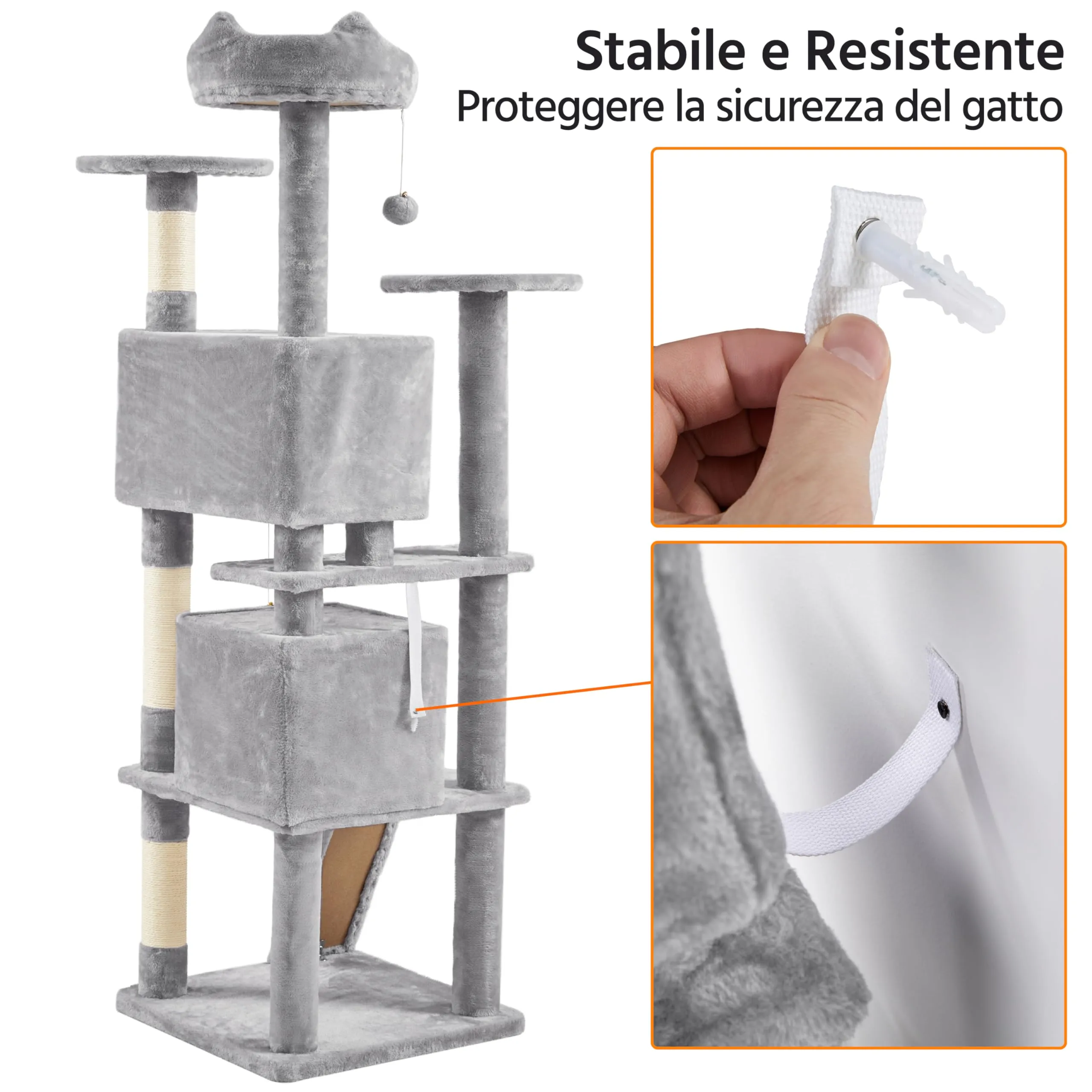 Yaheetech Albero Tiragraffi per Gatti 178 cm, 3 Posatoi, 2 Condomini, 3 Tiragraffi in Sisal, Grigio Chiaro - immagine 7