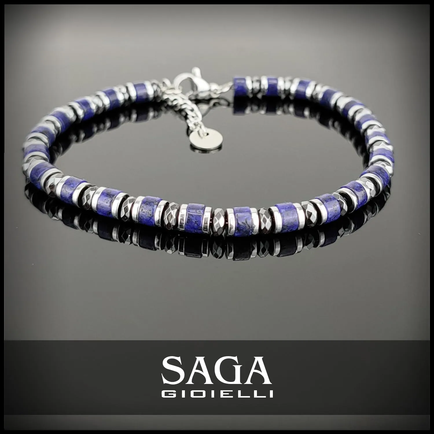 SAGA GIOIELLI Bracciale Uomo Rondelle Pietre Dure Acciaio Lapislazzuli e Cristalli - immagine 2