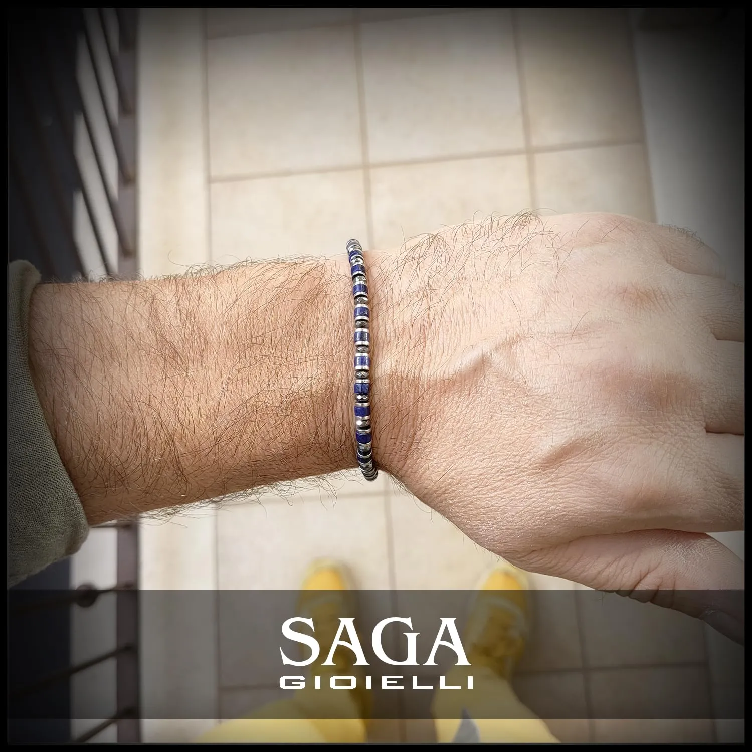 SAGA GIOIELLI Bracciale Uomo Rondelle Pietre Dure Acciaio Lapislazzuli e Cristalli - immagine 6
