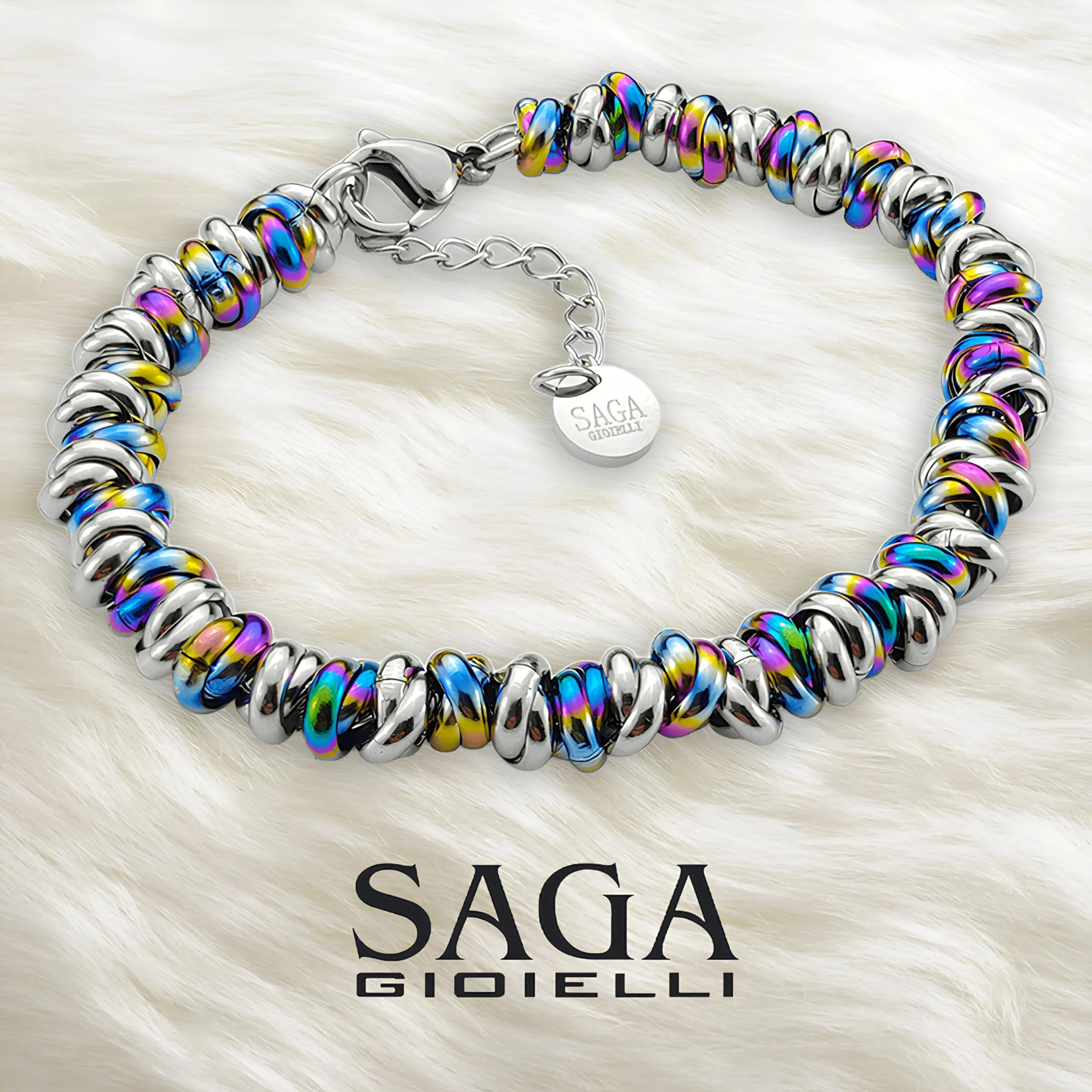 Saga Gioielli Bracciale Donna Intrecciato Nodini Acciaio Multicolor-Argentato - immagine 2