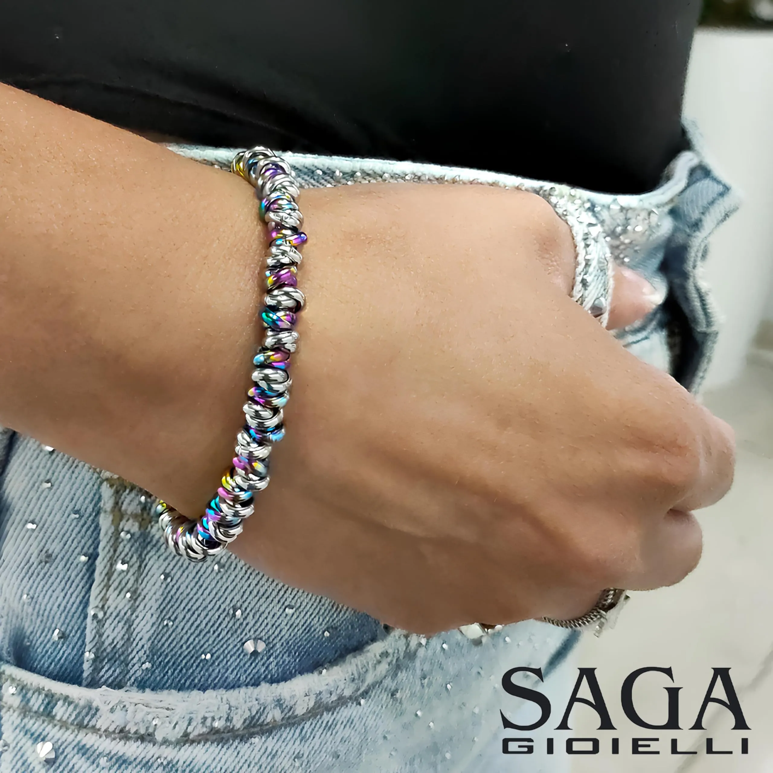 Saga Gioielli Bracciale Donna Intrecciato Nodini Acciaio Multicolor-Argentato - immagine 4