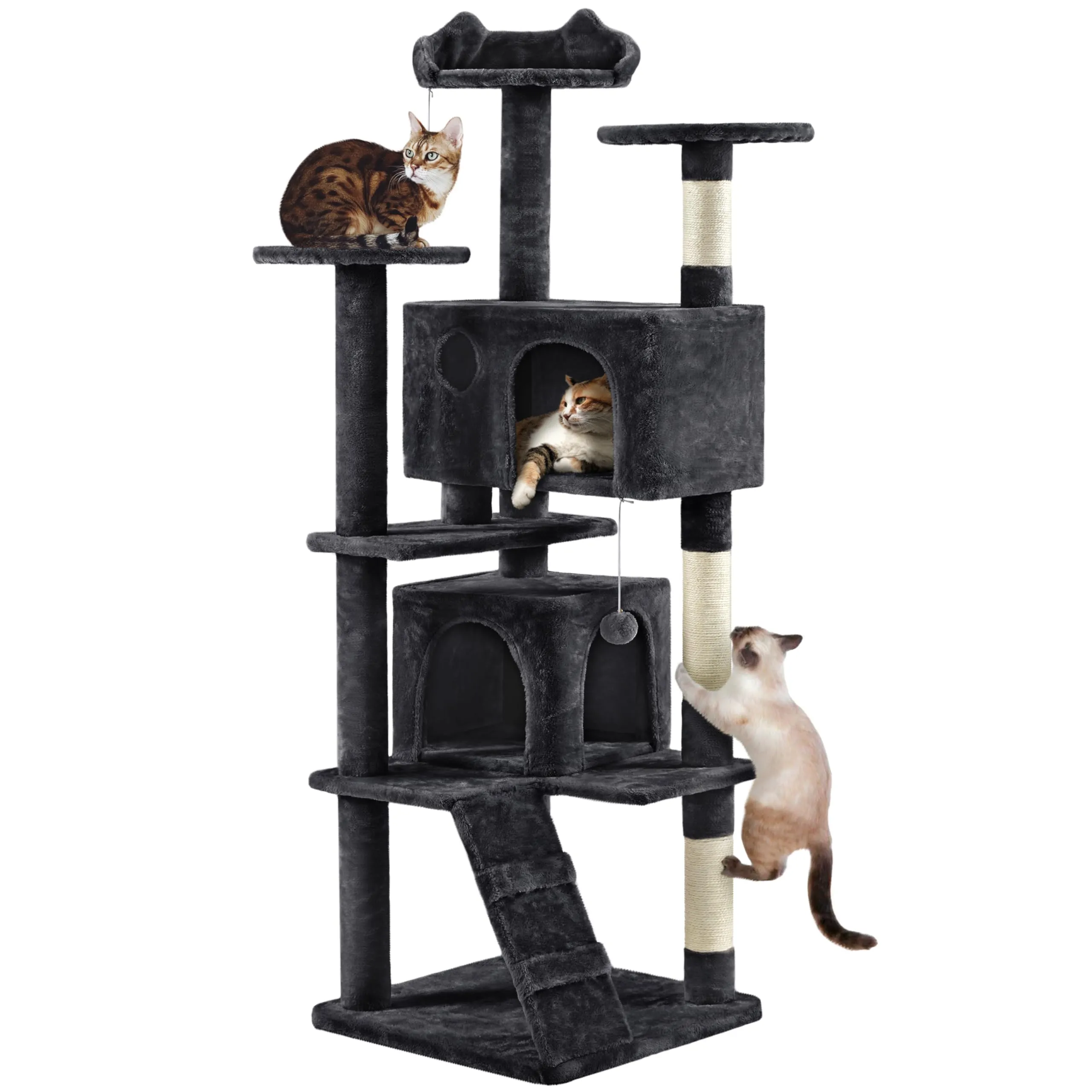 Yaheetech Albero Tiragraffi per Gatti 178 cm, 3 Posatoi, 2 Condomini, 3 Tiragraffi in Sisal, Nero - immagine 1