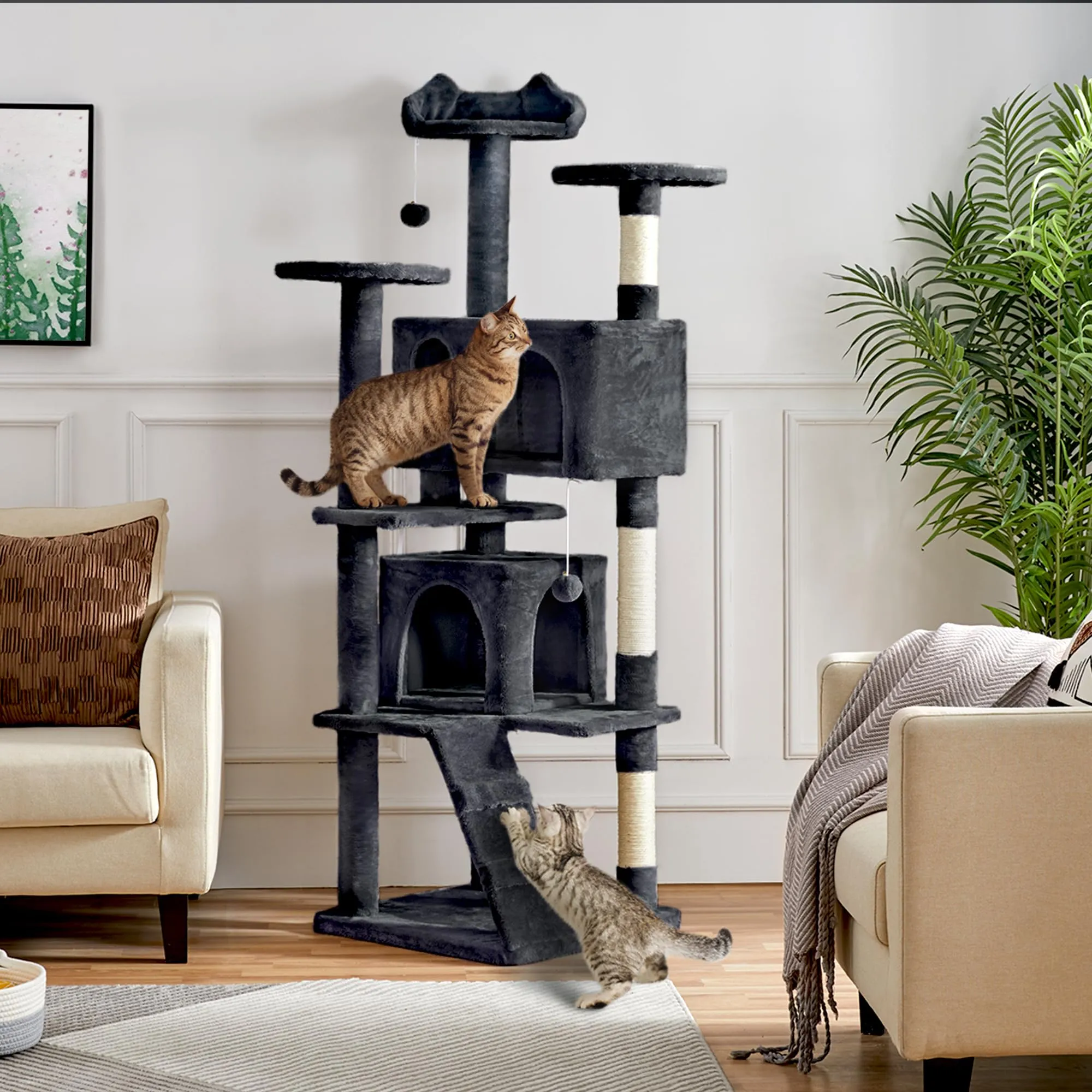 Yaheetech Albero Tiragraffi per Gatti 178 cm, 3 Posatoi, 2 Condomini, 3 Tiragraffi in Sisal, Nero - immagine 2