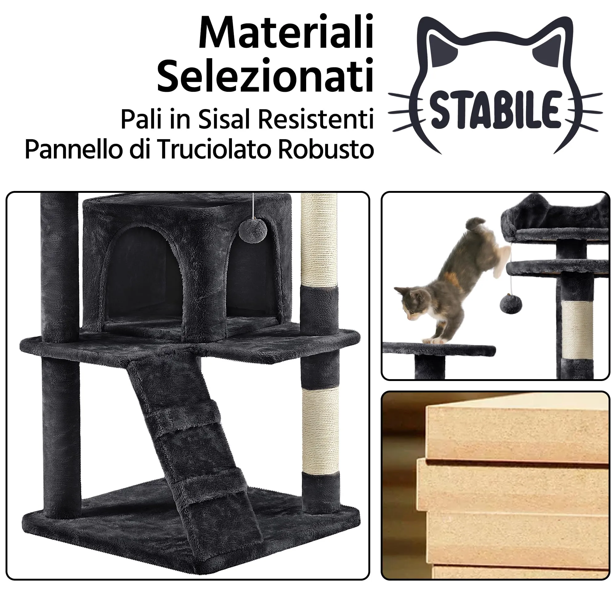 Yaheetech Albero Tiragraffi per Gatti 178 cm, 3 Posatoi, 2 Condomini, 3 Tiragraffi in Sisal, Nero - immagine 5