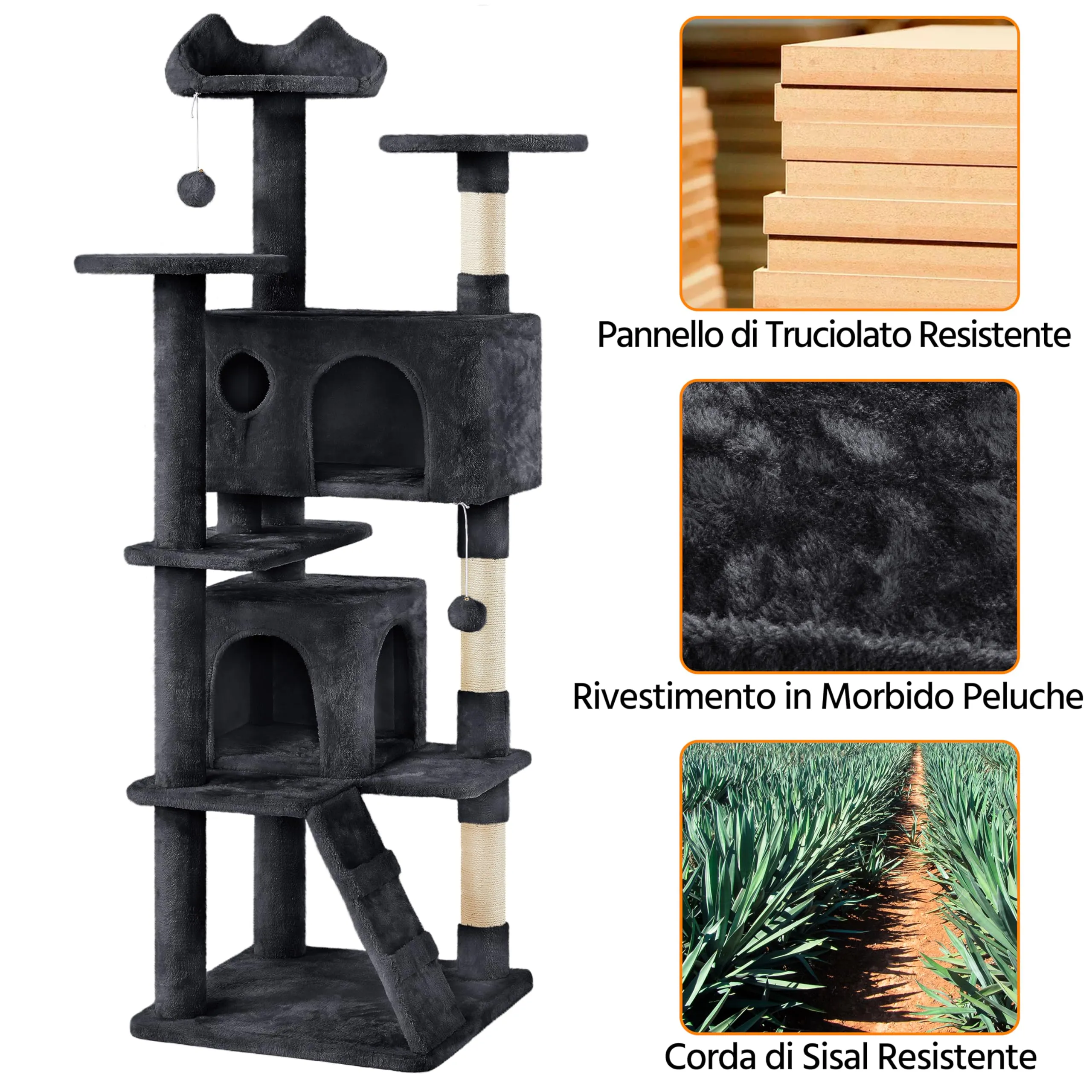 Yaheetech Albero Tiragraffi per Gatti 178 cm, 3 Posatoi, 2 Condomini, 3 Tiragraffi in Sisal, Nero - immagine 6