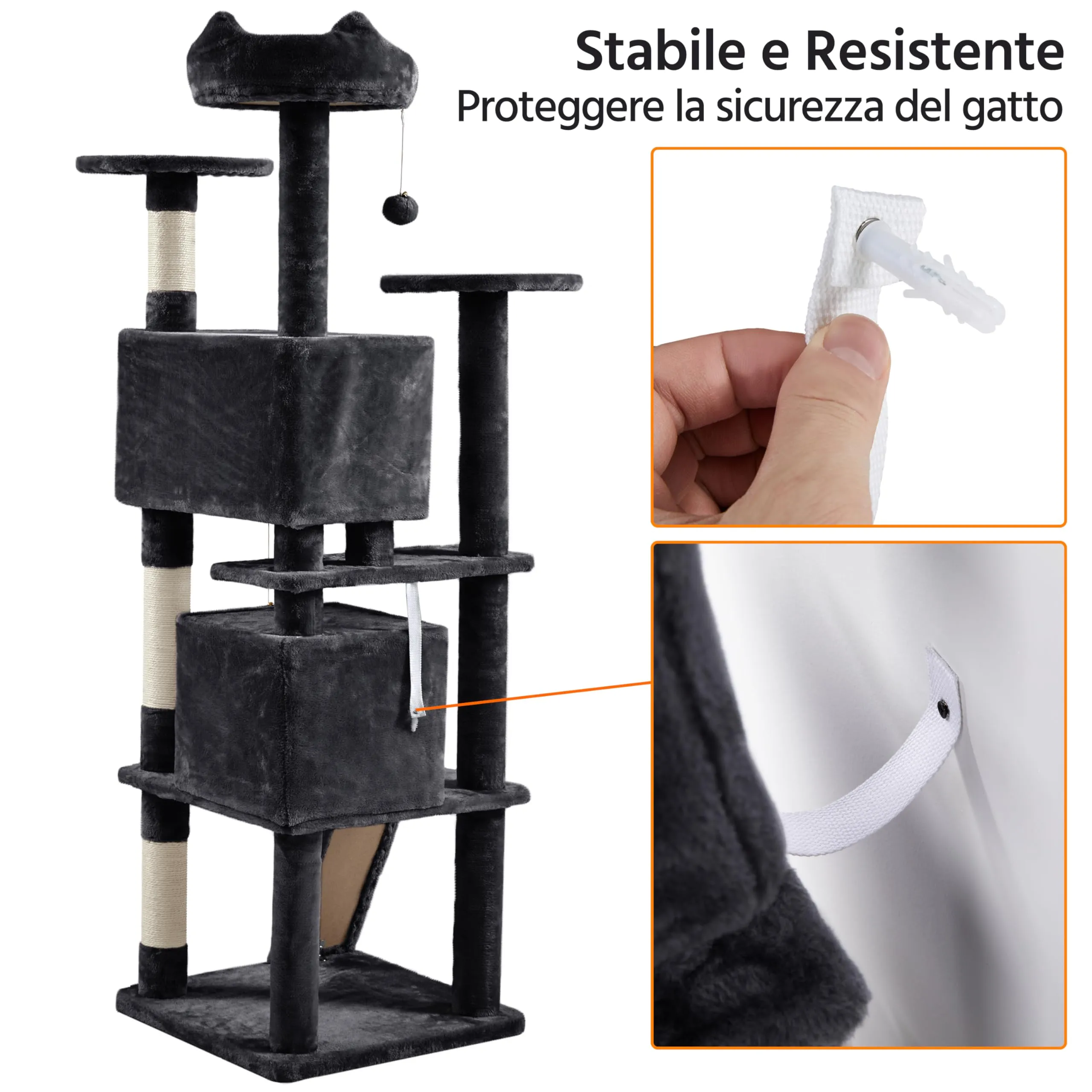 Yaheetech Albero Tiragraffi per Gatti 178 cm, 3 Posatoi, 2 Condomini, 3 Tiragraffi in Sisal, Nero - immagine 7