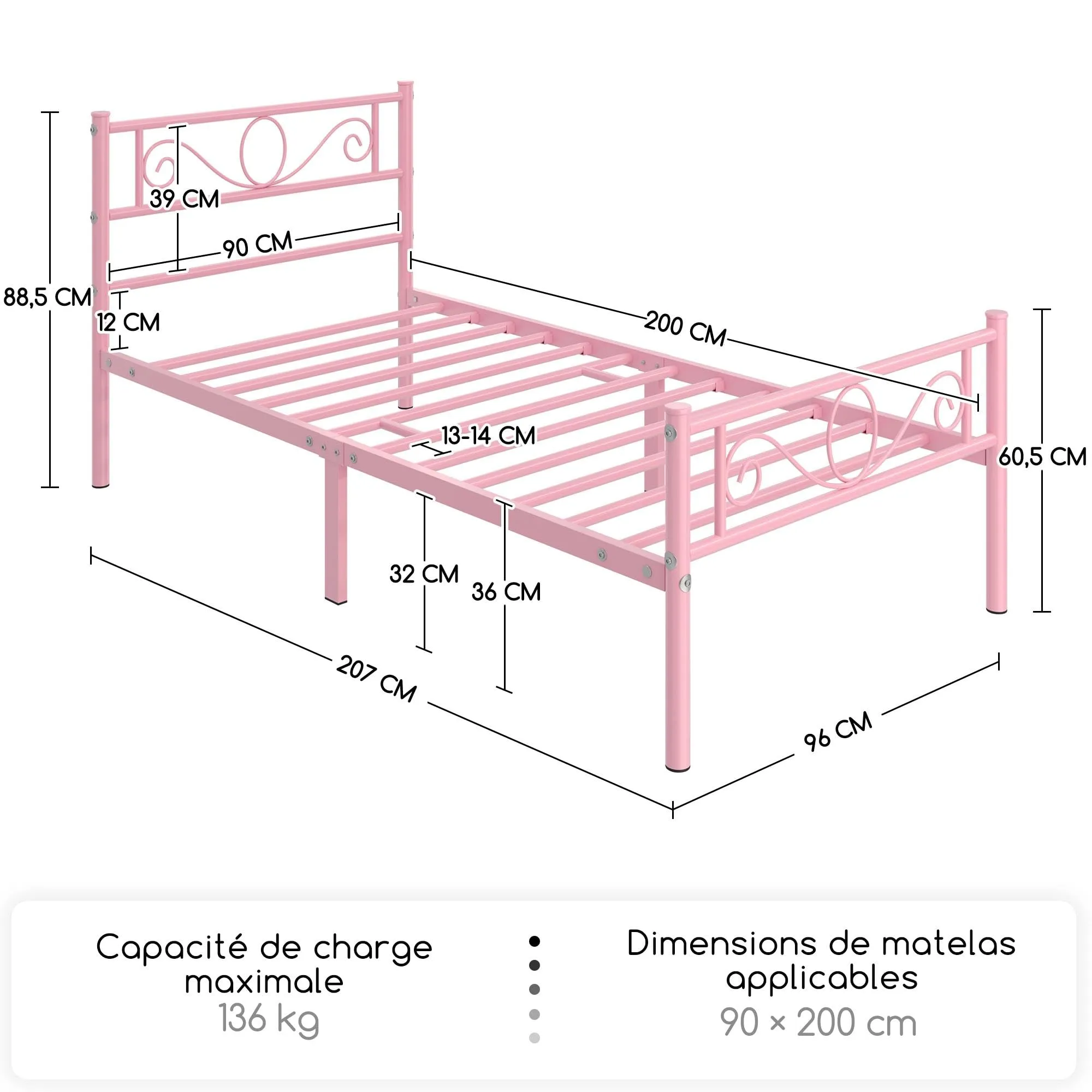 Yaheetech Struttura Letto Singolo in Ferro 90 x 200 cm - immagine 2