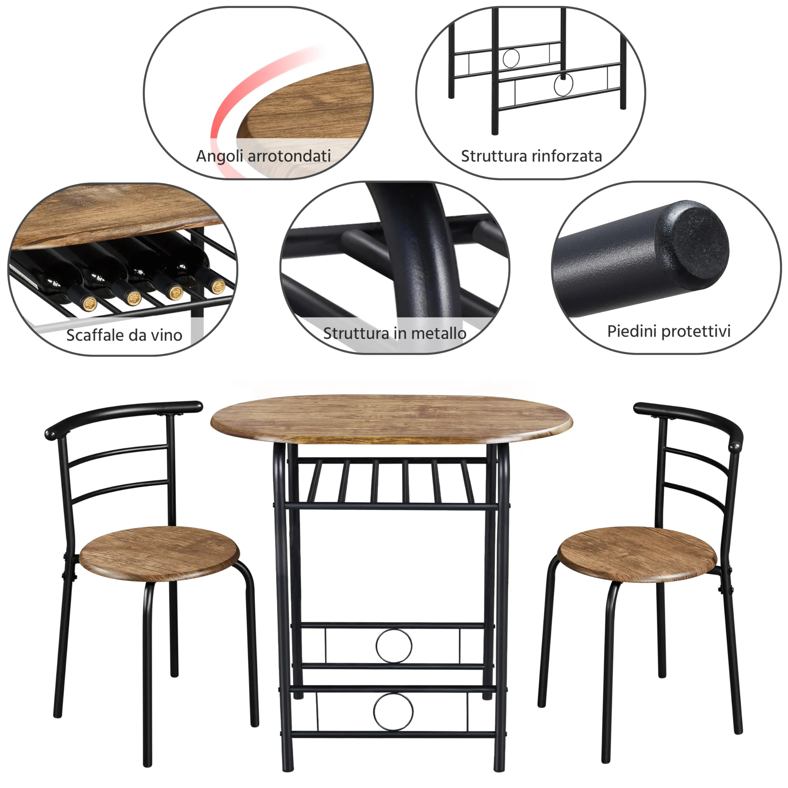 Yaheetech Set Mobili da Bar Tavolo e 2 Sedie Marrone Retro - immagine 5