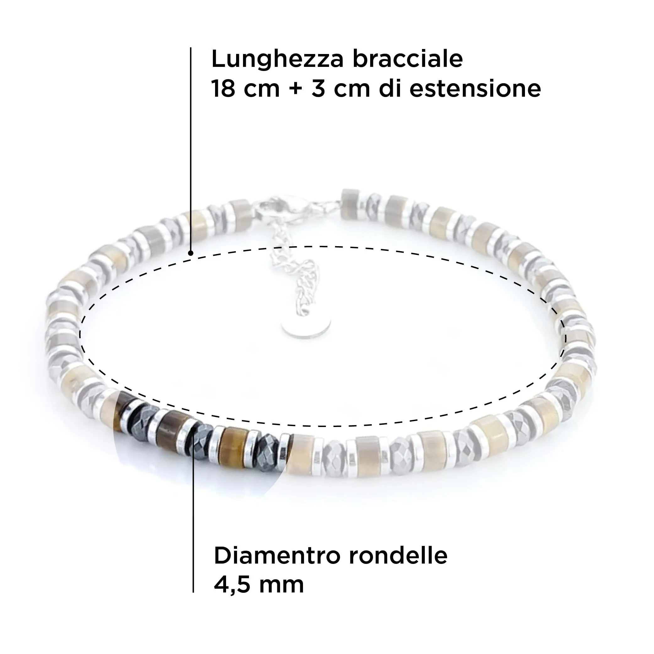 SAGA GIOIELLI Bracciale Uomo Rondelle Pietre Dure Acciaio Occhio di Tigre e Cristalli - immagine 3