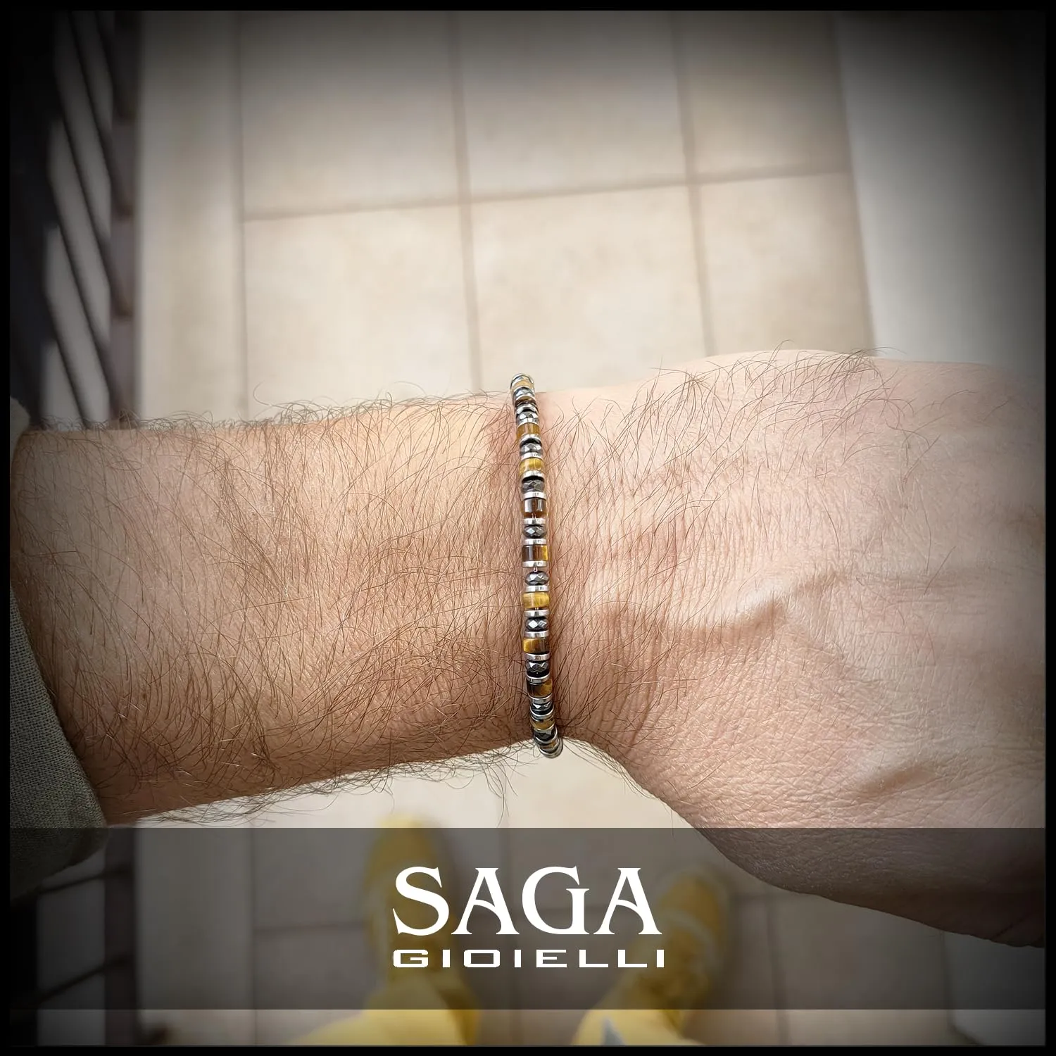 SAGA GIOIELLI Bracciale Uomo Rondelle Pietre Dure Acciaio Occhio di Tigre e Cristalli - immagine 6