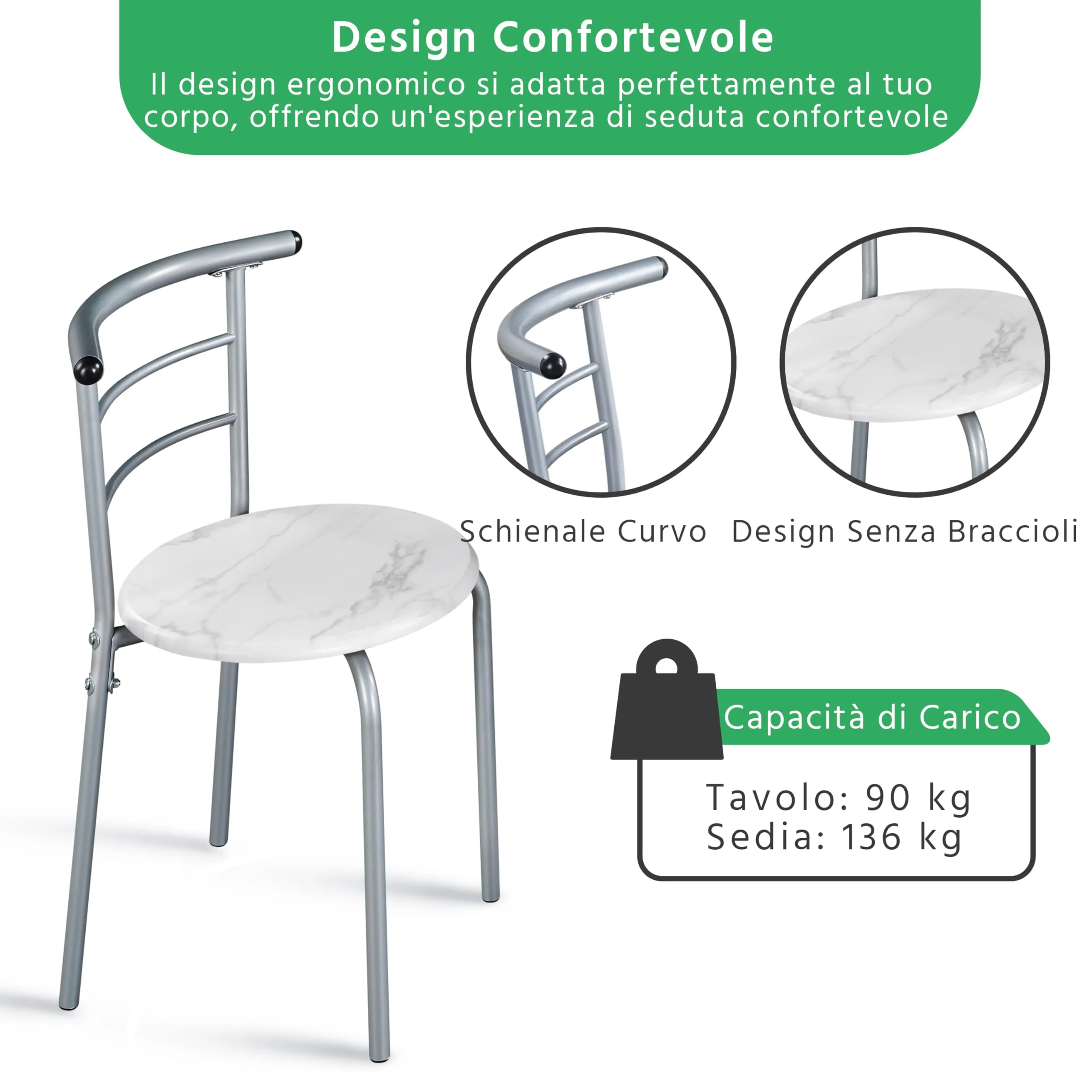 Yaheetech Set Mobili da Bar Tavolo e 2 Sedie, Bianco - immagine 4
