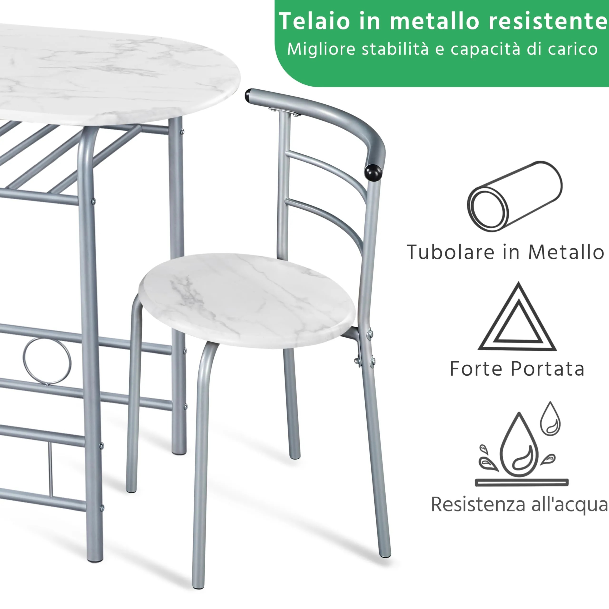 Yaheetech Set Mobili da Bar Tavolo e 2 Sedie, Bianco - immagine 5