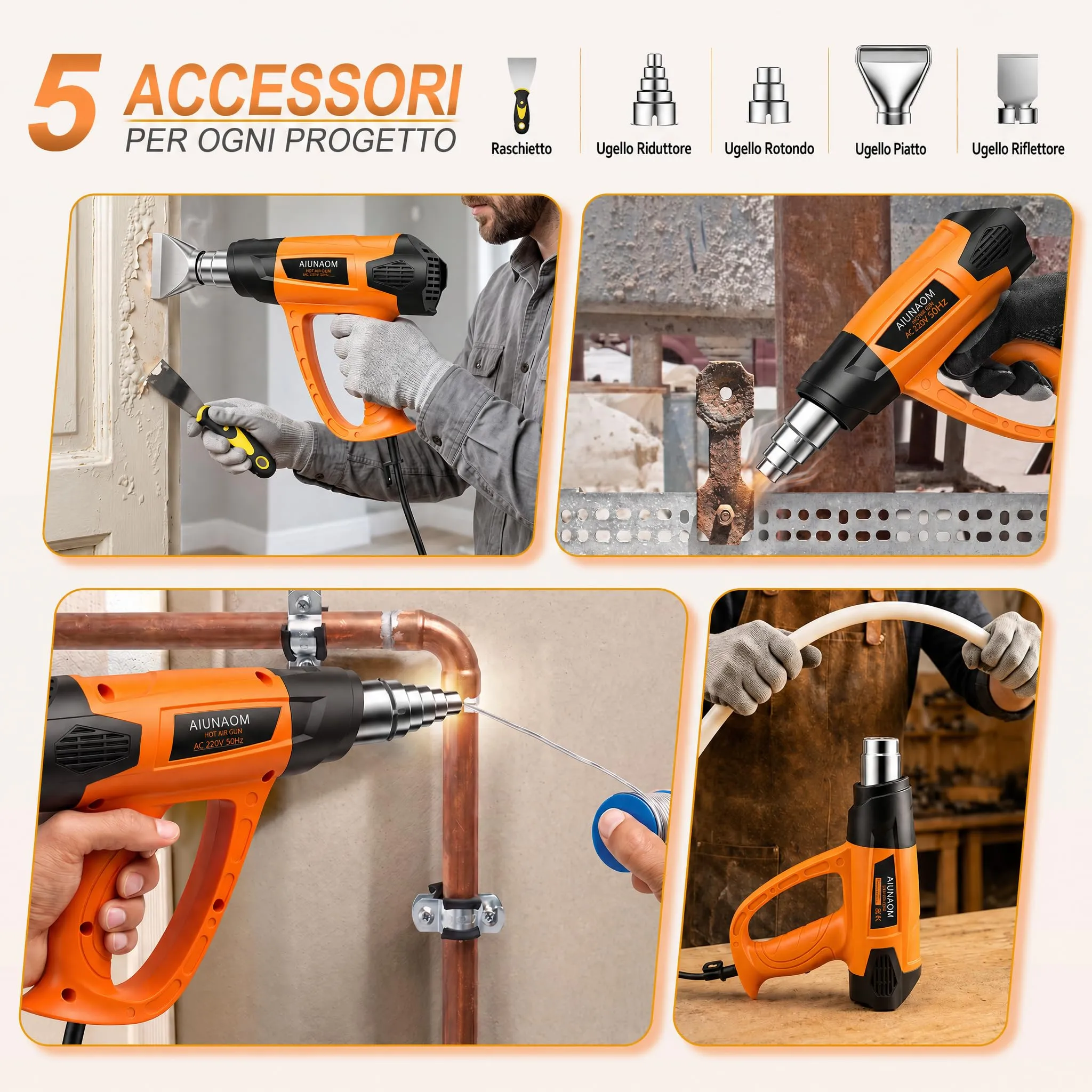 AIUNAOM Pistola Termica 2000W Professionale, 9 livelli di temperatura 50-650℃, con 6 Accessori e Protezione da Sovraccarico - immagine 5
