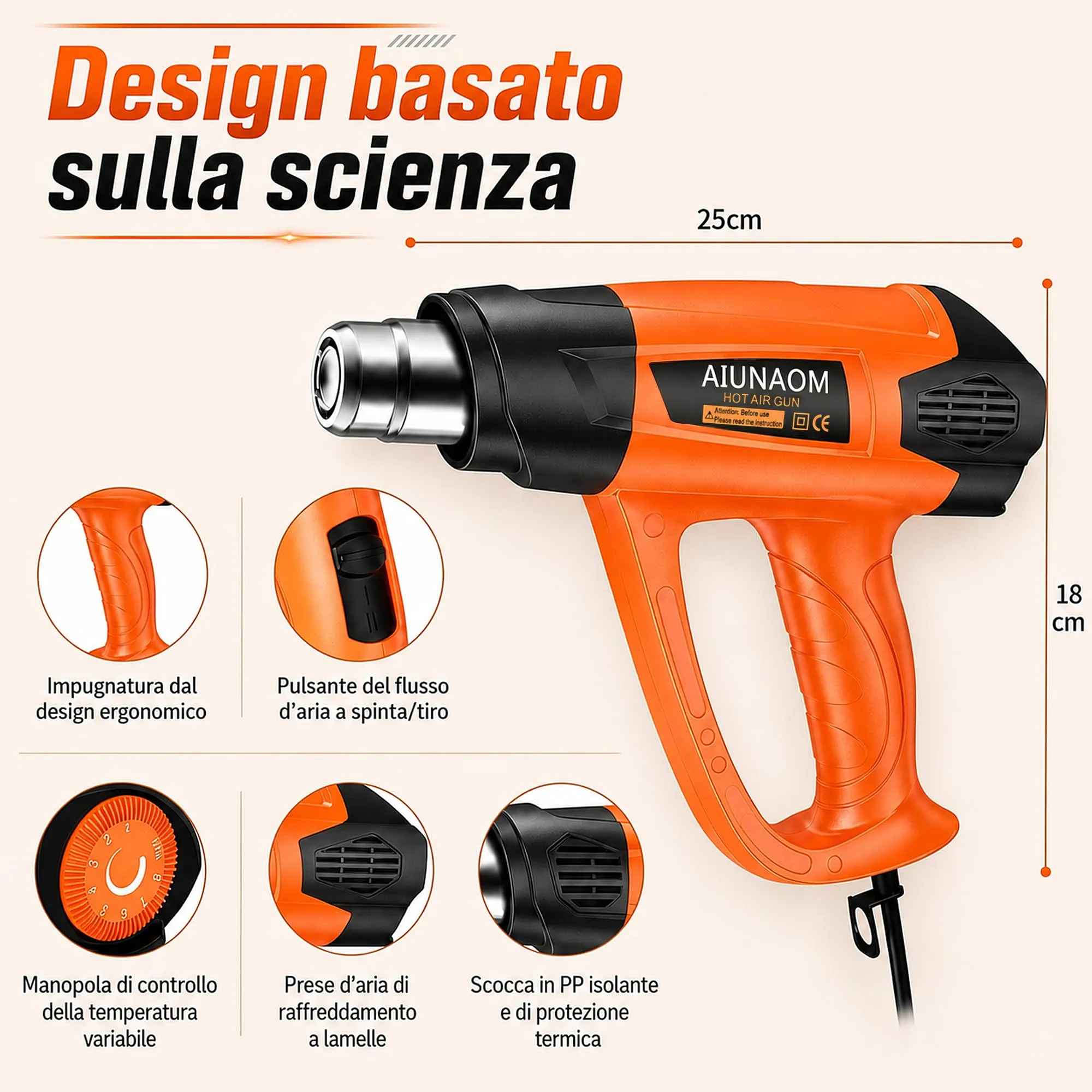 AIUNAOM Pistola Termica 2000W Professionale, 9 livelli di temperatura 50-650℃, con 6 Accessori e Protezione da Sovraccarico - immagine 6