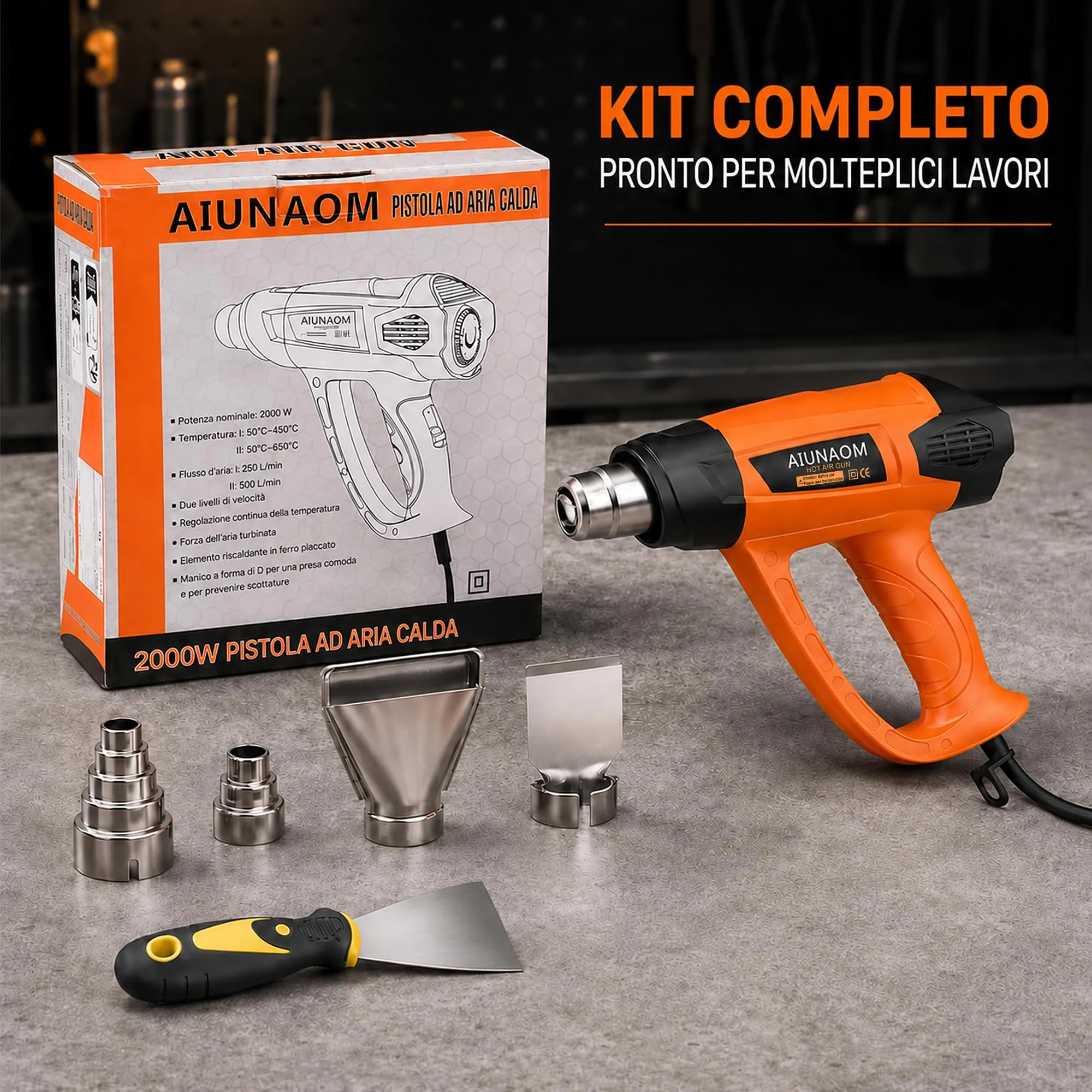 AIUNAOM Pistola Termica 2000W Professionale, 9 livelli di temperatura 50-650℃, con 6 Accessori e Protezione da Sovraccarico - immagine 7