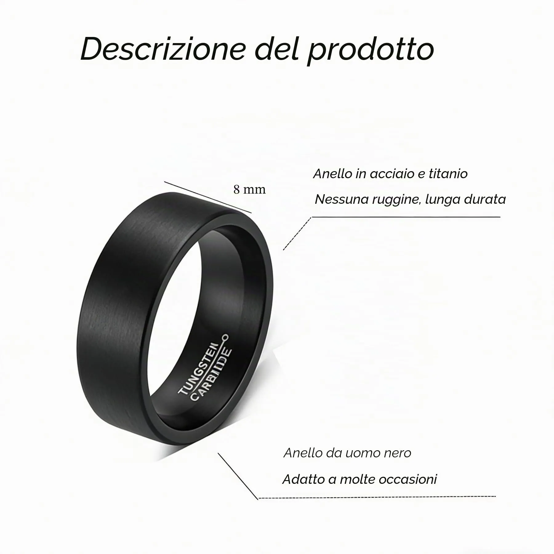 MAGIIE Anello Uomo 8mm in Acciaio Inossidabile Nero Linee, Misura 20 - immagine 2