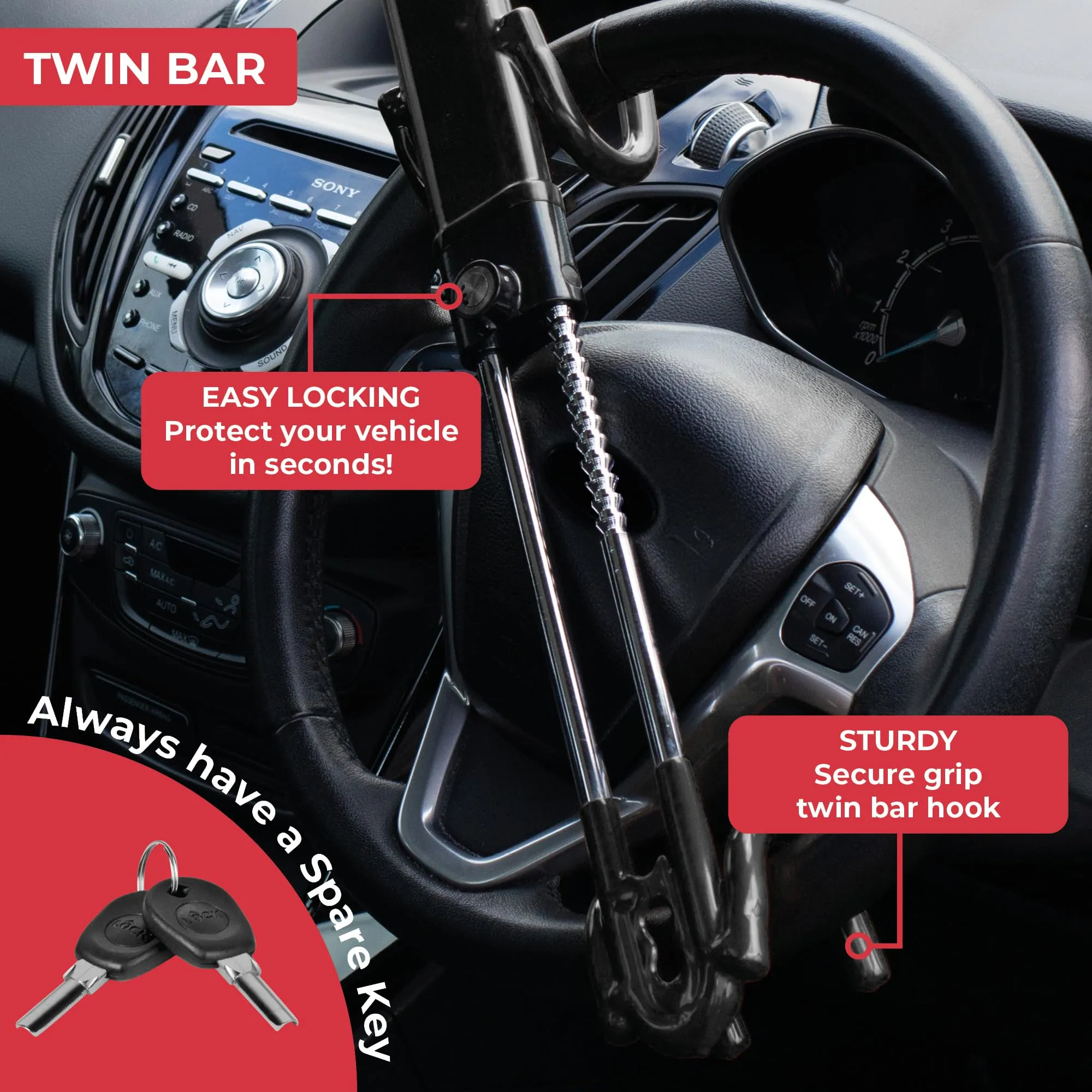 GADLANE Blocca Volante Universale Antifurto per Auto, Furgone e Roulotte con 2 Chiavi, Nero - immagine 2