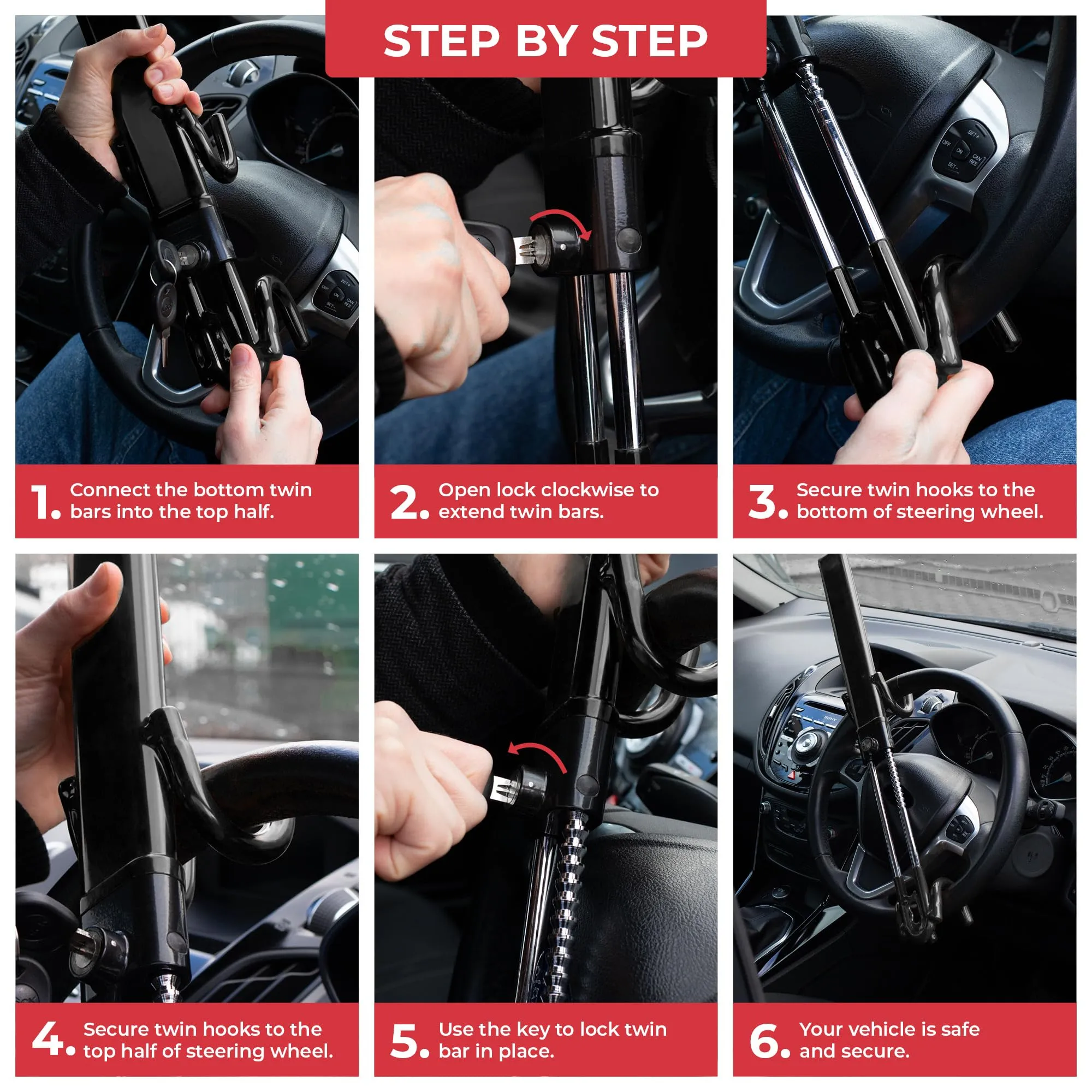 GADLANE Blocca Volante Universale Antifurto per Auto, Furgone e Roulotte con 2 Chiavi, Nero - immagine 4