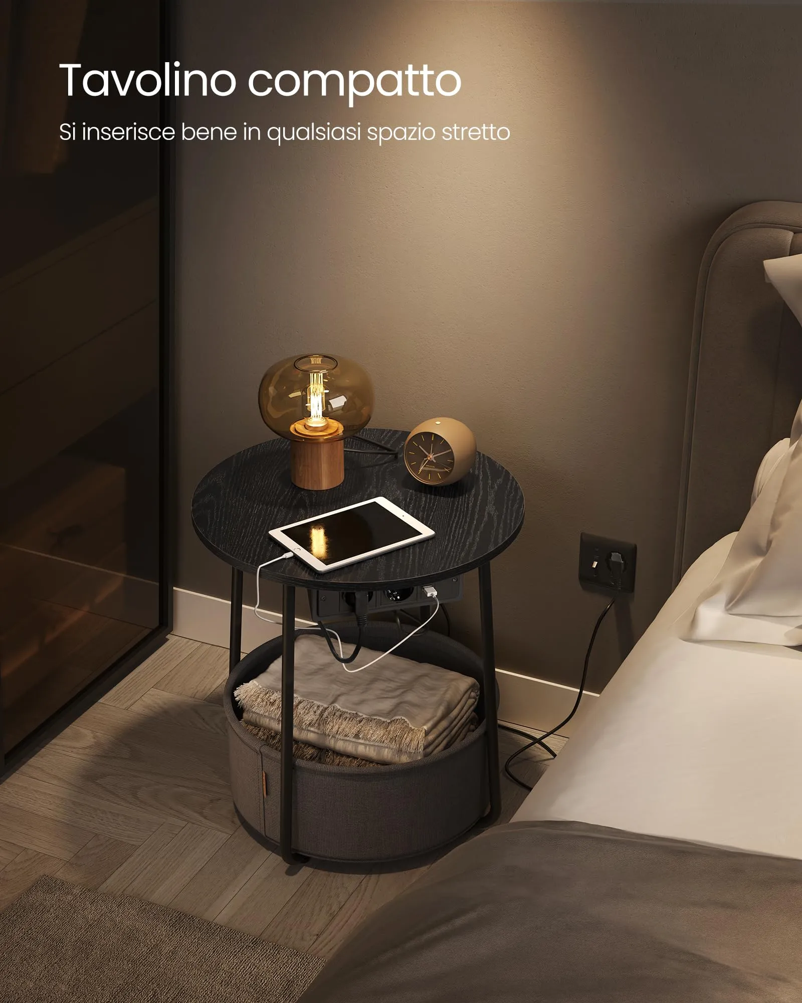 VASAGLE Tavolino Rotondo con Cestino in Tessuto e Multipresa, Nero Ebano e Grigio Ardesia, LET228B02 - immagine 4