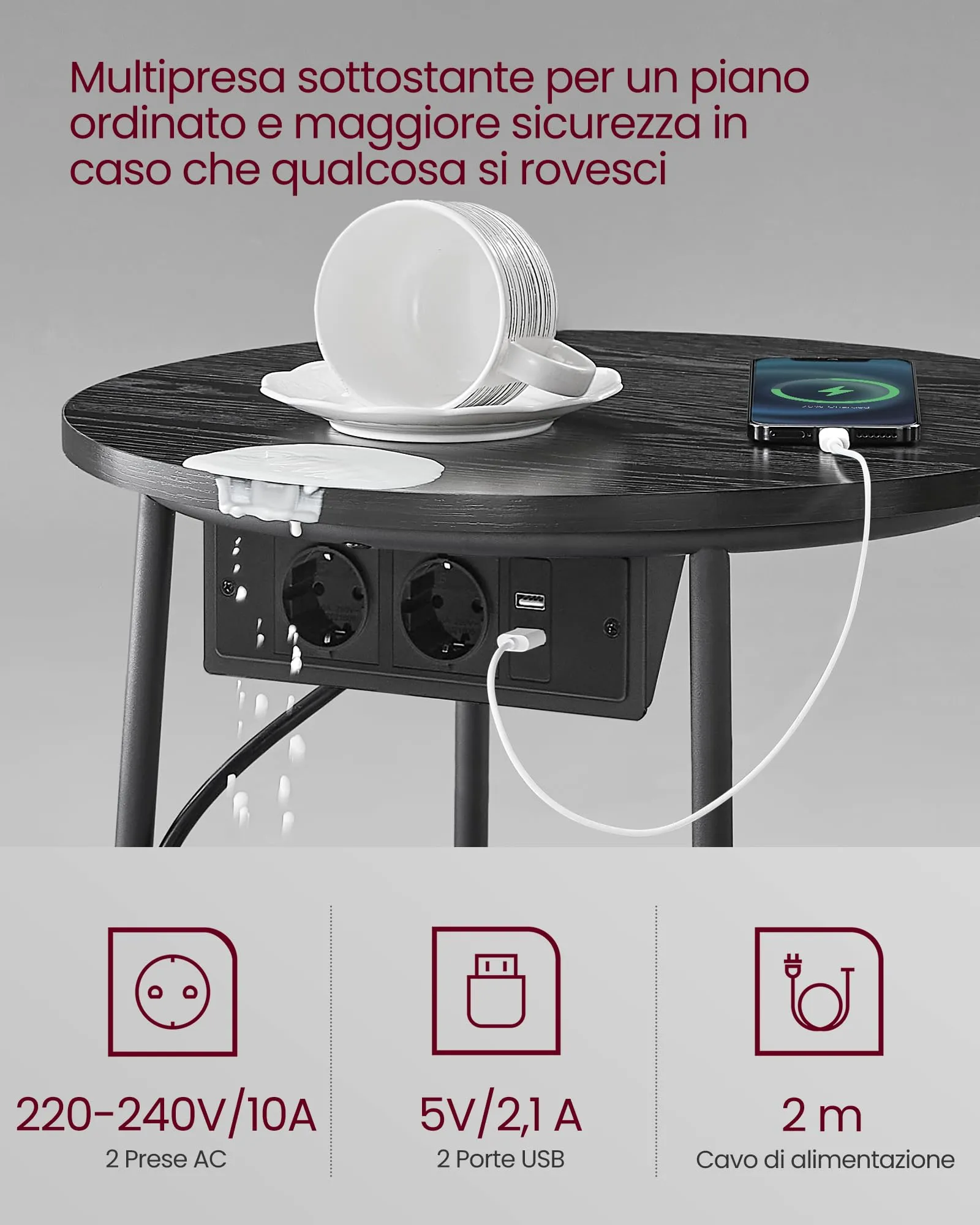 VASAGLE Tavolino Rotondo con Cestino in Tessuto e Multipresa, Nero Ebano e Grigio Ardesia, LET228B02 - immagine 5