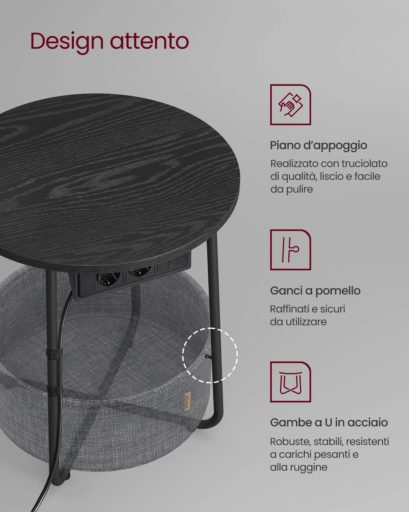 VASAGLE Tavolino Rotondo con Cestino in Tessuto e Multipresa, Nero Ebano e Grigio Ardesia, LET228B02 - immagine 6