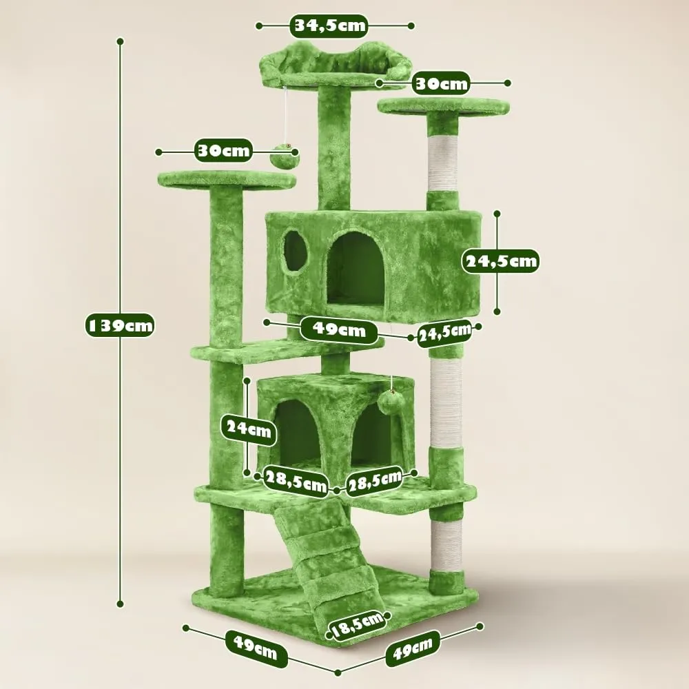 Yaheetech Albero Tiragraffi per Gatti 139 cm, 3 Pali Graffiatoi, 3 Posatoi, 2 Grotte, 2 Pompon in Peluche, Verde - immagine 2