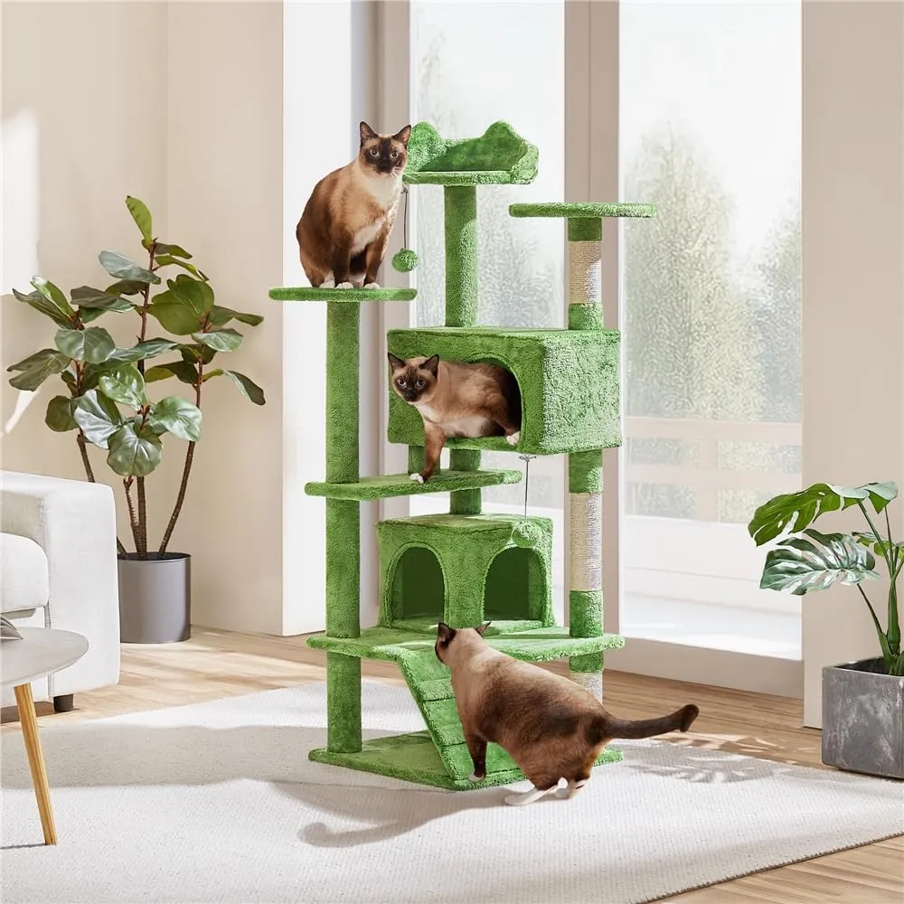 Yaheetech Albero Tiragraffi per Gatti 139 cm, 3 Pali Graffiatoi, 3 Posatoi, 2 Grotte, 2 Pompon in Peluche, Verde - immagine 3