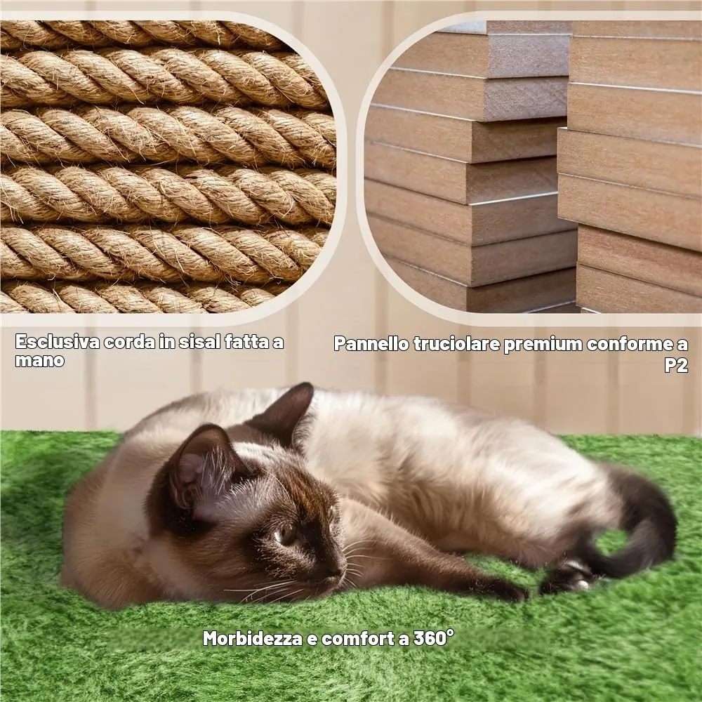 Yaheetech Albero Tiragraffi per Gatti 139 cm, 3 Pali Graffiatoi, 3 Posatoi, 2 Grotte, 2 Pompon in Peluche, Verde - immagine 5