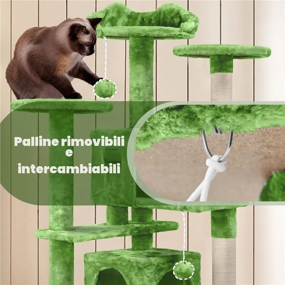 Yaheetech Albero Tiragraffi per Gatti 139 cm, 3 Pali Graffiatoi, 3 Posatoi, 2 Grotte, 2 Pompon in Peluche, Verde - immagine 6