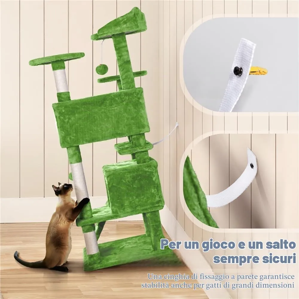 Yaheetech Albero Tiragraffi per Gatti 139 cm, 3 Pali Graffiatoi, 3 Posatoi, 2 Grotte, 2 Pompon in Peluche, Verde - immagine 8