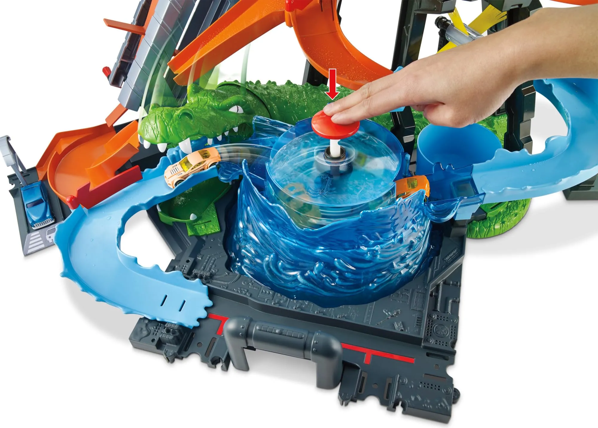 Hot Wheels Mega Autolavaggio Playset con Pista, Coccodrillo, Torre dell'Acqua e Veicolo Cambiacolore, FTB67 - immagine 3
