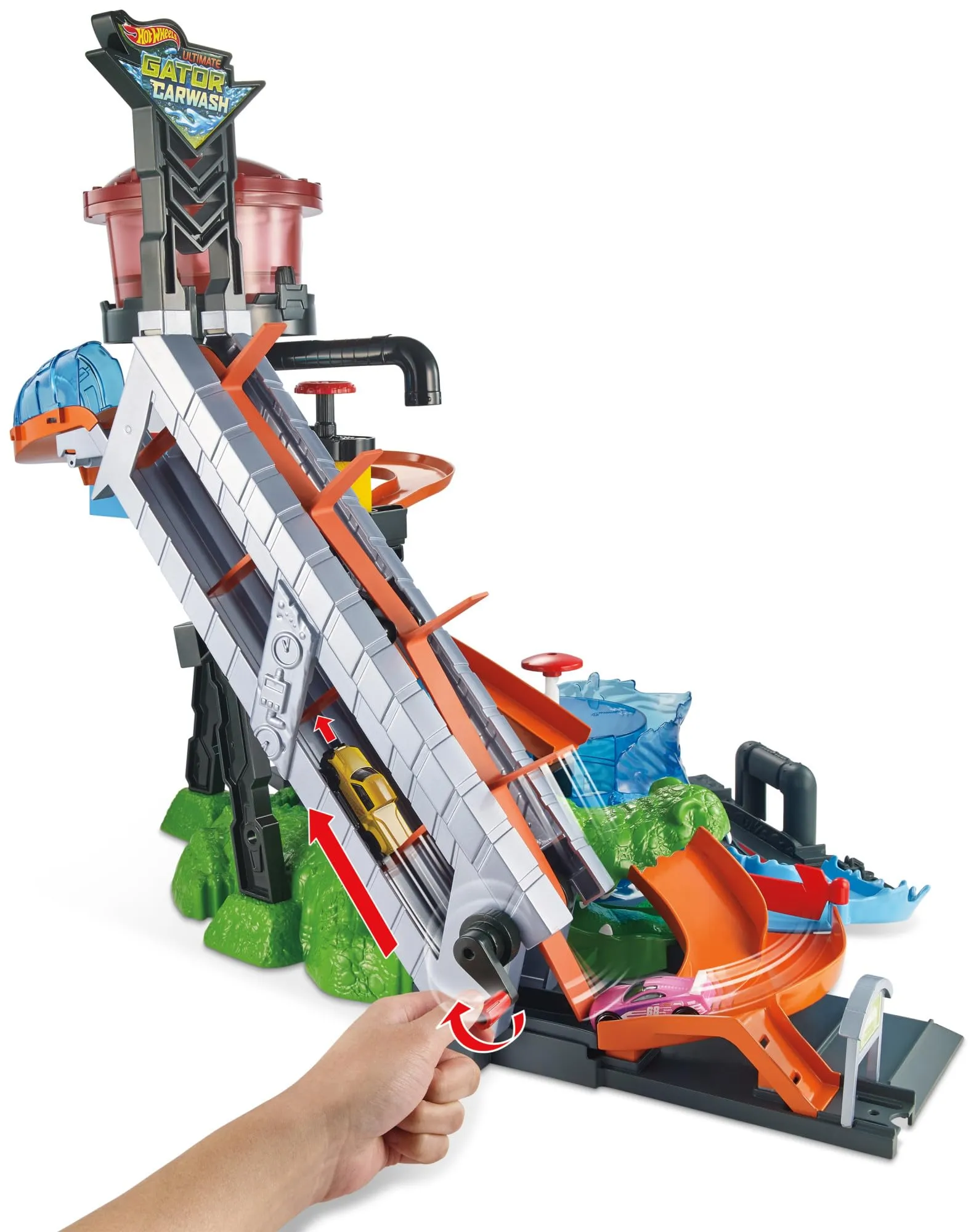 Hot Wheels Mega Autolavaggio Playset con Pista, Coccodrillo, Torre dell'Acqua e Veicolo Cambiacolore, FTB67 - immagine 4