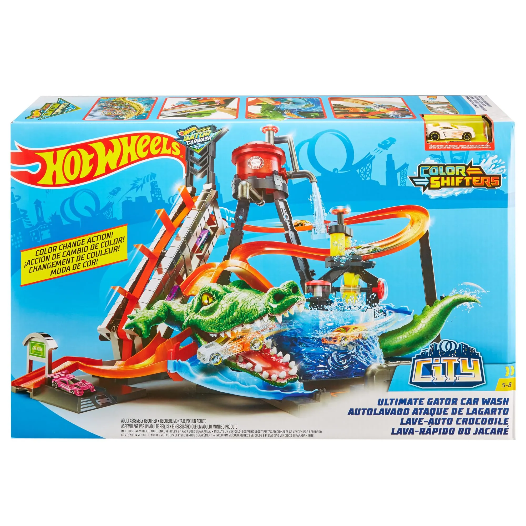 Hot Wheels Mega Autolavaggio Playset con Pista, Coccodrillo, Torre dell'Acqua e Veicolo Cambiacolore, FTB67 - immagine 6