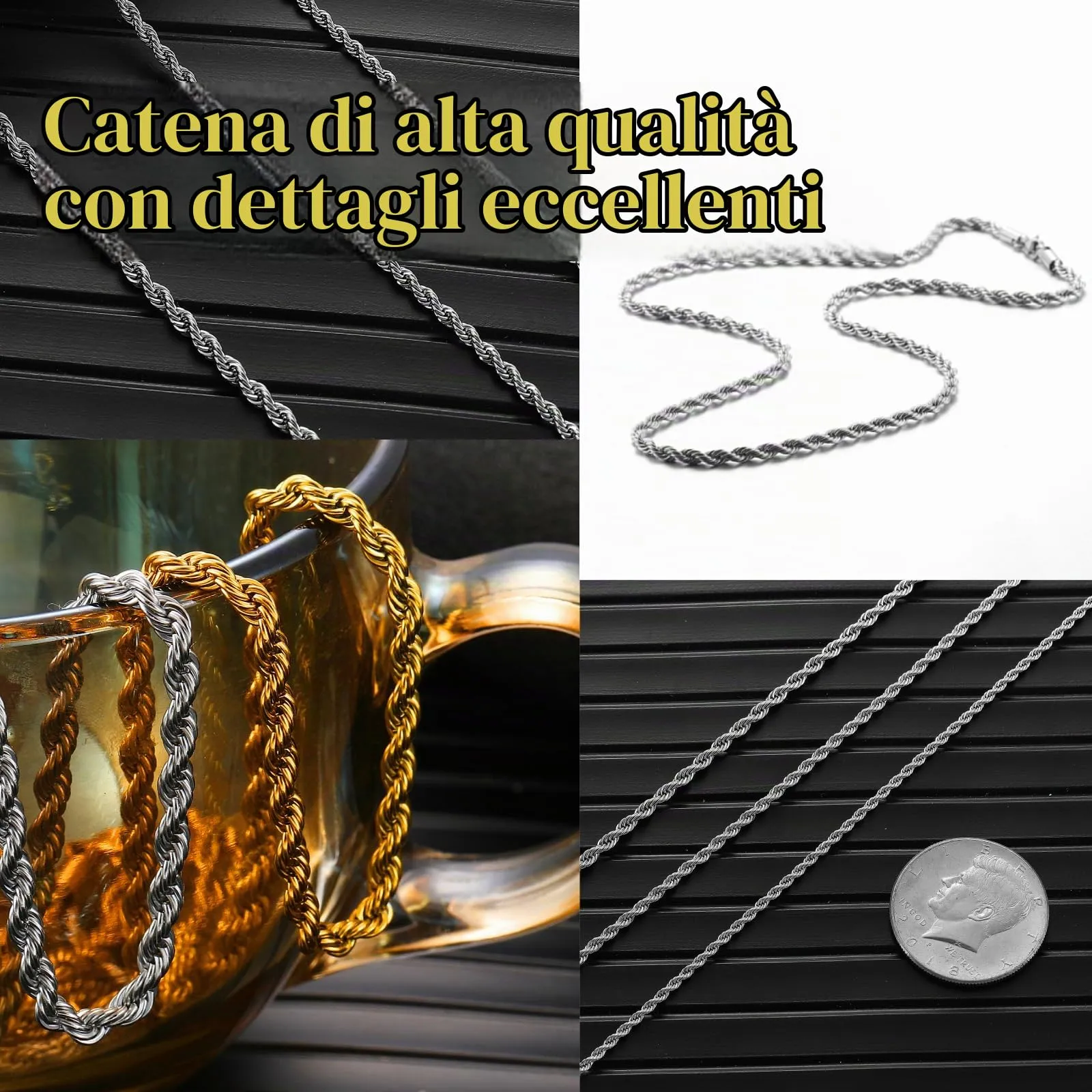 AFSTALR Collana Uomo Catena Twisted in Acciaio Inossidabile, Argento, 3mm x 55cm - immagine 5